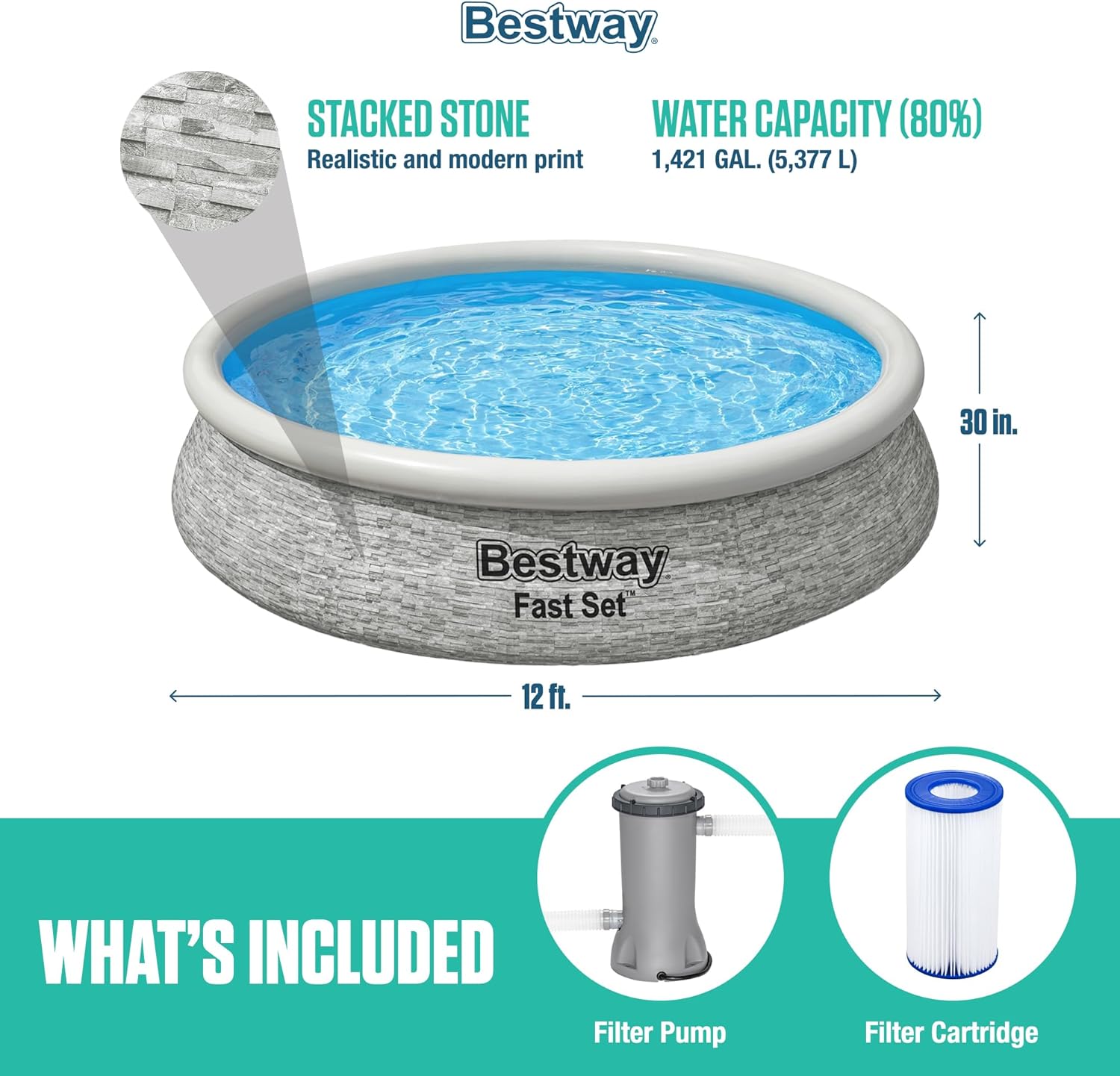 Bestway 12' x 30" Round Inflatable Stone Design Pool Set with Filter Pump