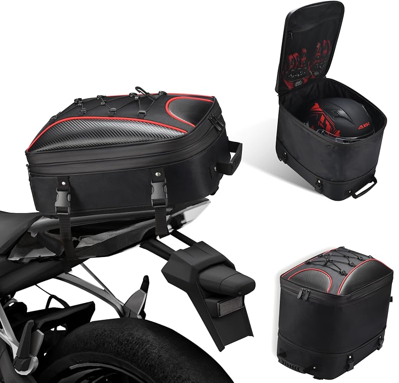 ZZM Expandable Motorcycle Tail Bag, 22L-34L Waterproof Motorcycle Rear Seat Bag with Rain Cover, Dual Use Helmet Bags Storage Backpack for Motorbike Weekender Travel (Jet Black)