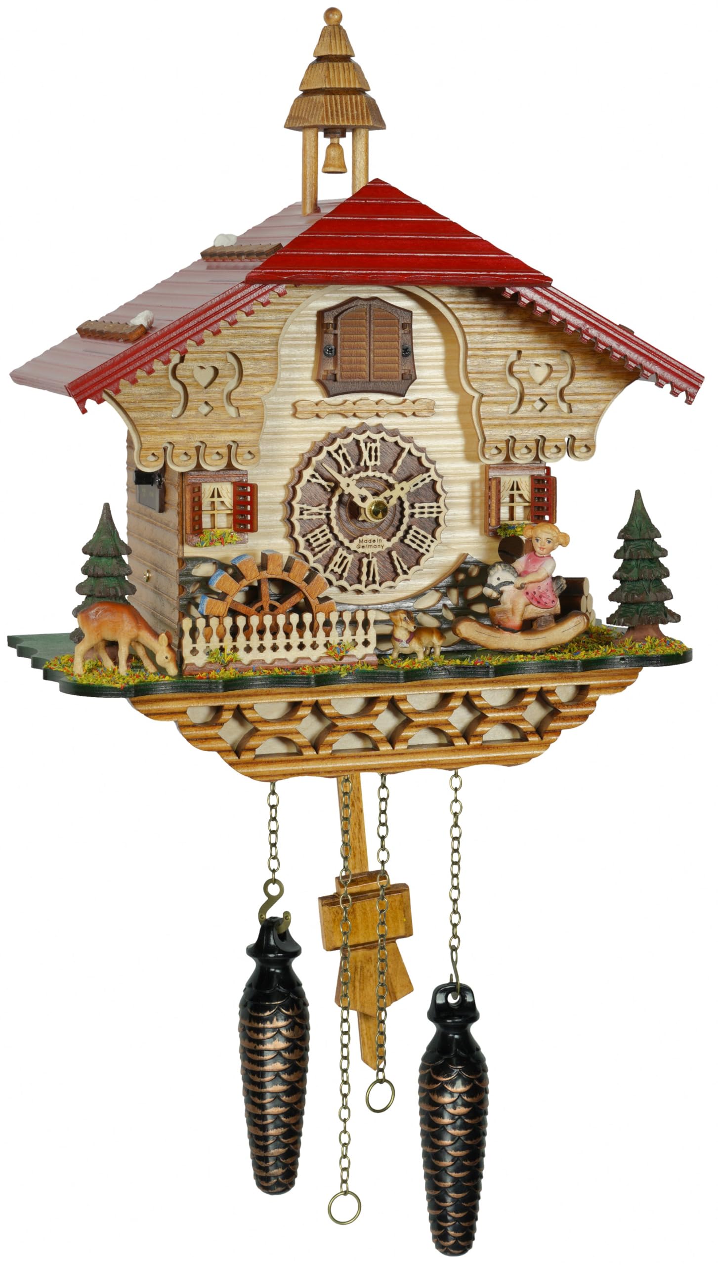 Trenkle Quartz Cuckoo Clock Black Forest House with Music, Moving Seesaw and Mill Wheel