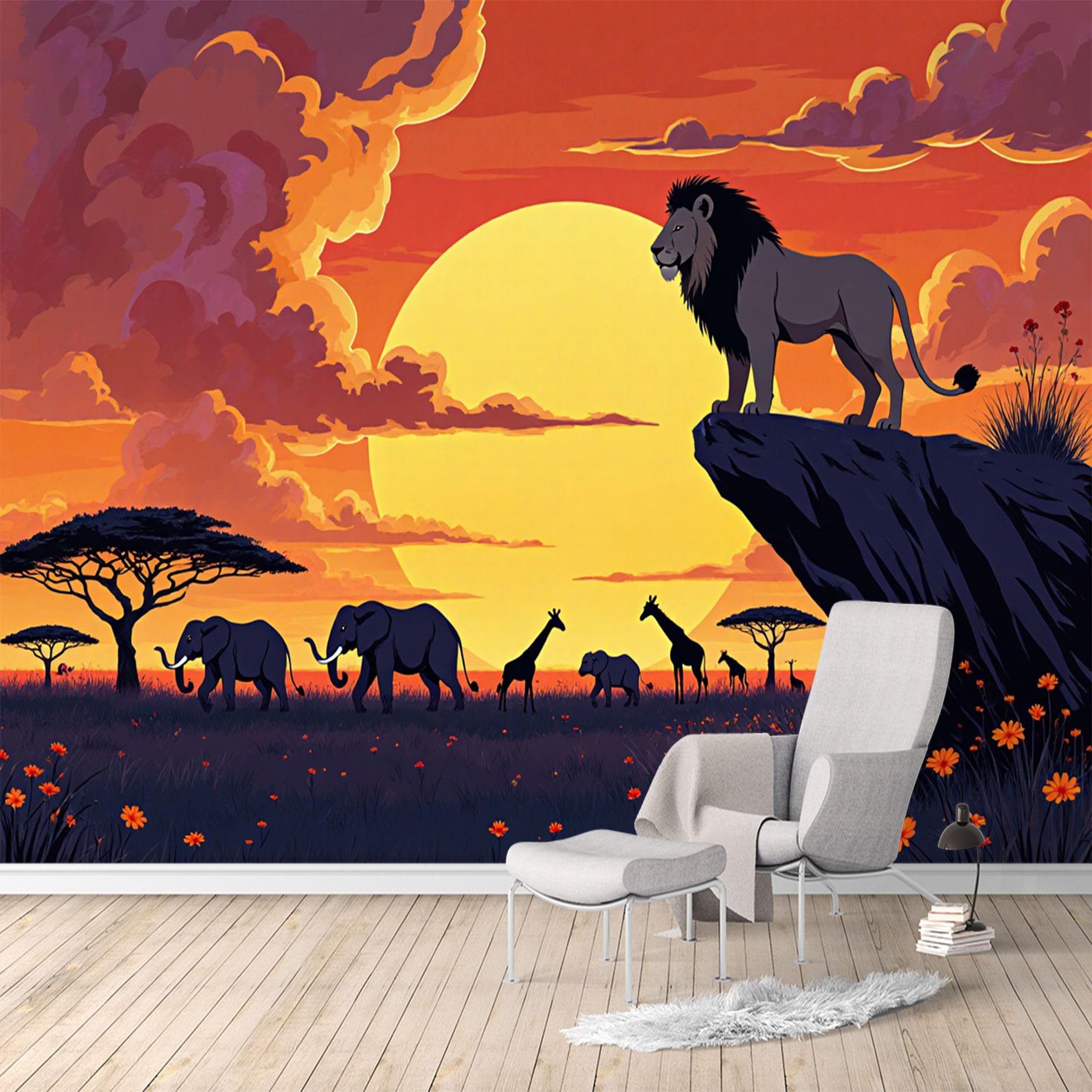 Custom Size Wall Murals, African Savannah Sunset Lion Elephant Giraffe Landscape, SelfAdhesive Water Activated Removable Wall Covering, Large Photo Wallpaper for Living Room Bedroom Office