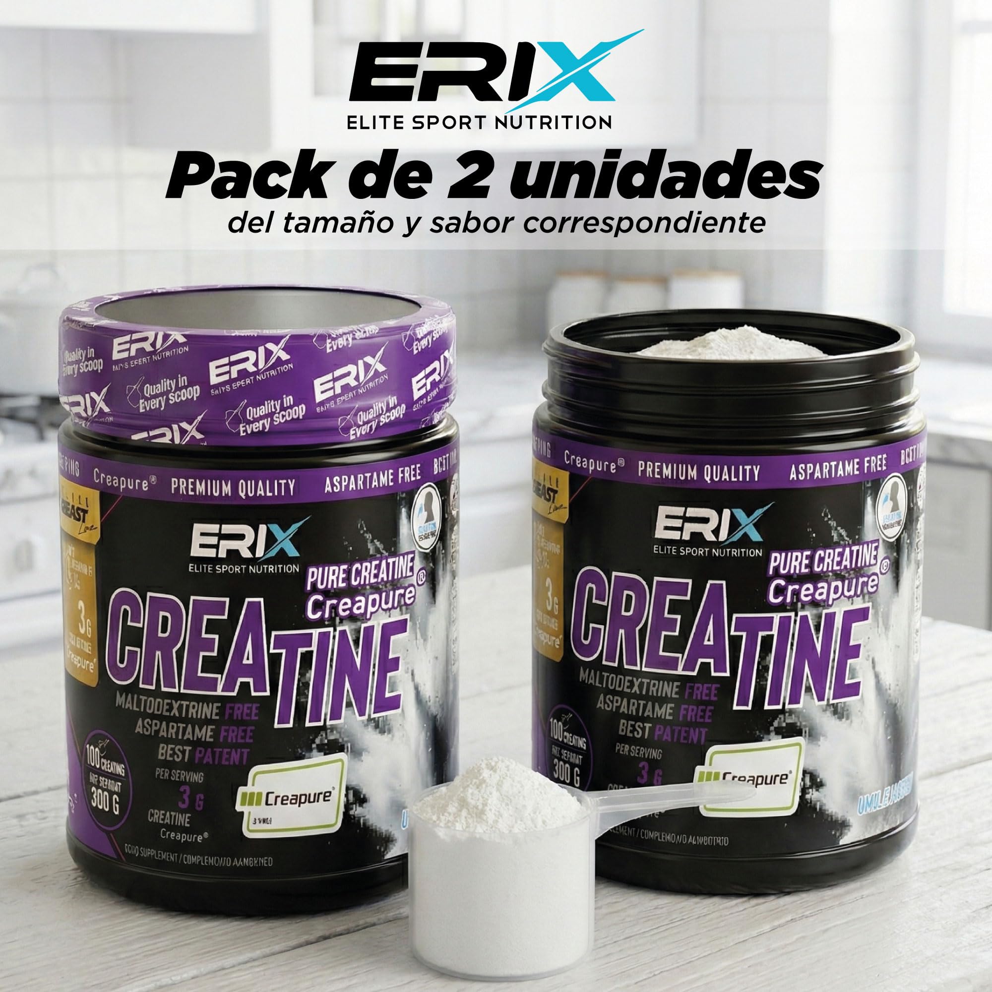 ERIX Nutrición Pack 2x 300g Creatina Creapure en Polvo, Suplemento Deportivo Micronizado para Aumento de Fuerza, Rendimiento y Masa Muscular (Green Gummies)