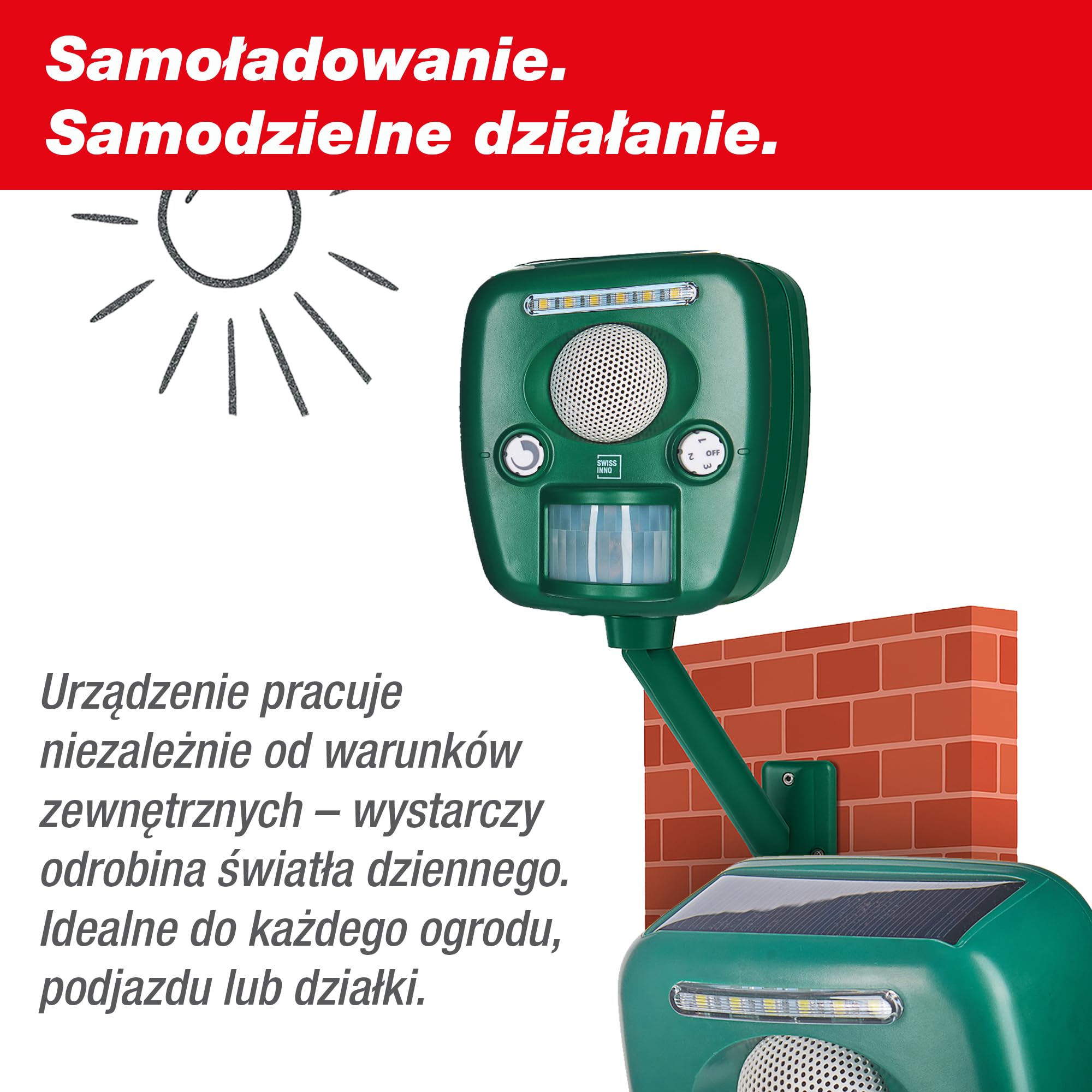 SWISSINNO Odstraszacz Ultradźwiękowy PRO – Na Koty Psy Lisy Zające Jeże – Czujnik Ruchu + LED + Syrena – Zasilanie Słoneczne – Zasięg do 150 m²