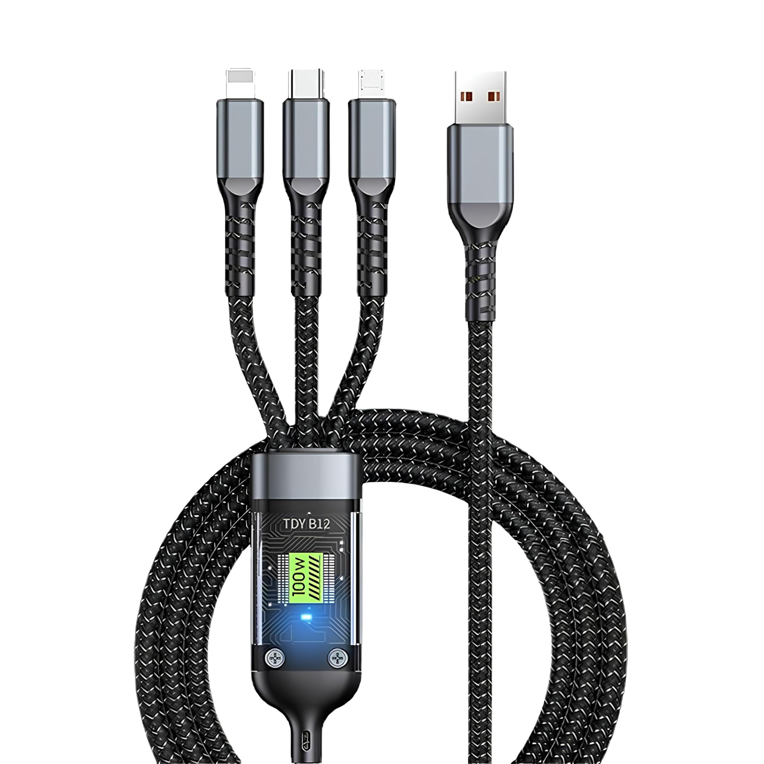 skysia 100W/6A 3-in-1 Fast Charging Data Cable - 4Ft/1.2M USB Cable with Type-C, Micro USB & Lightning Connectors, High-Speed 480 Mbps Data Transfer - Pack of One (Black Braided)-image-49