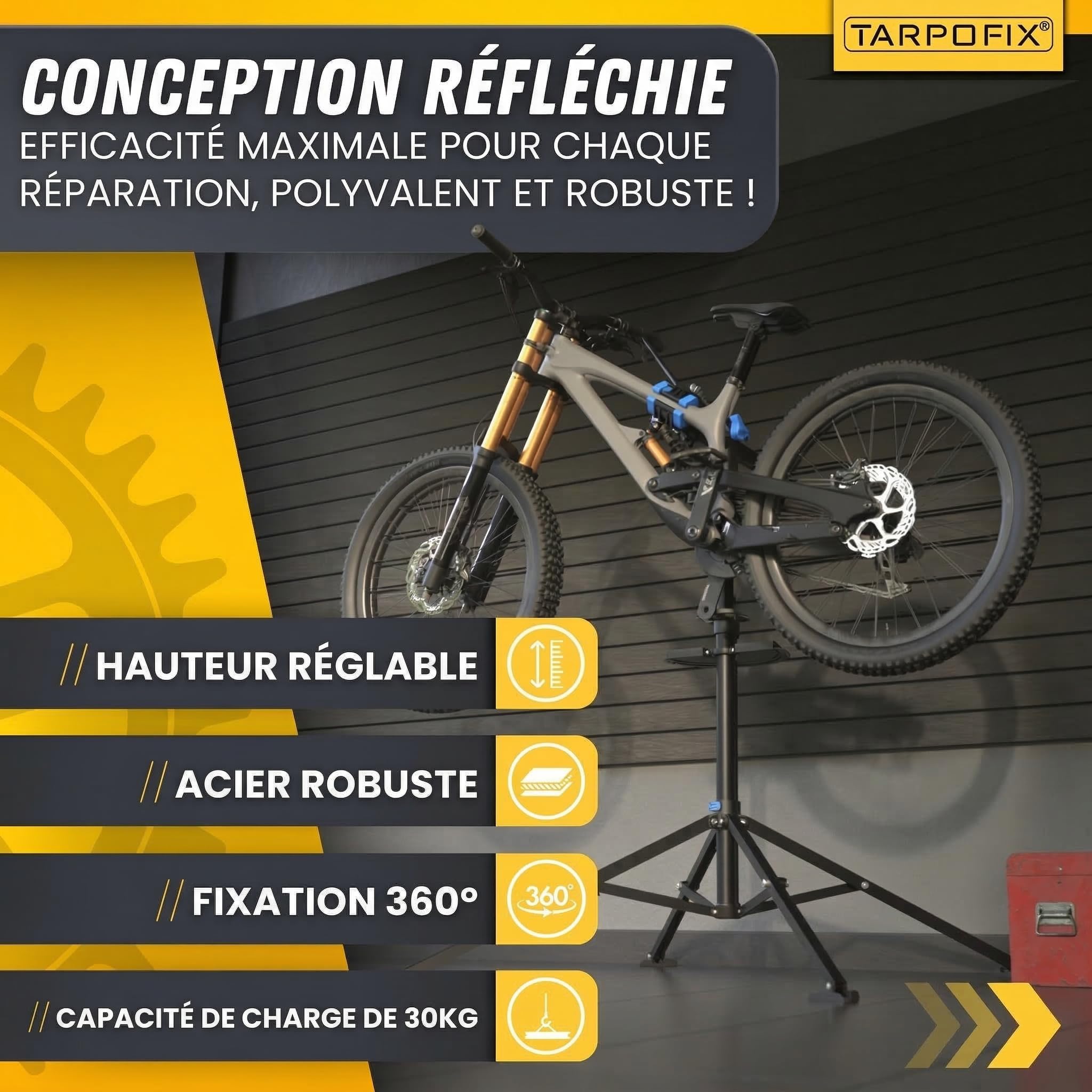 Tarpofix® Pied Atelier Velo Premium jusqu’à 30 kg | Support Velo Atelier pour Réparation VTT Electrique | Pied d'atelier Vélo Réglable avec pince rotative 360° | Support Réparation Vélo Robuste | Bleu