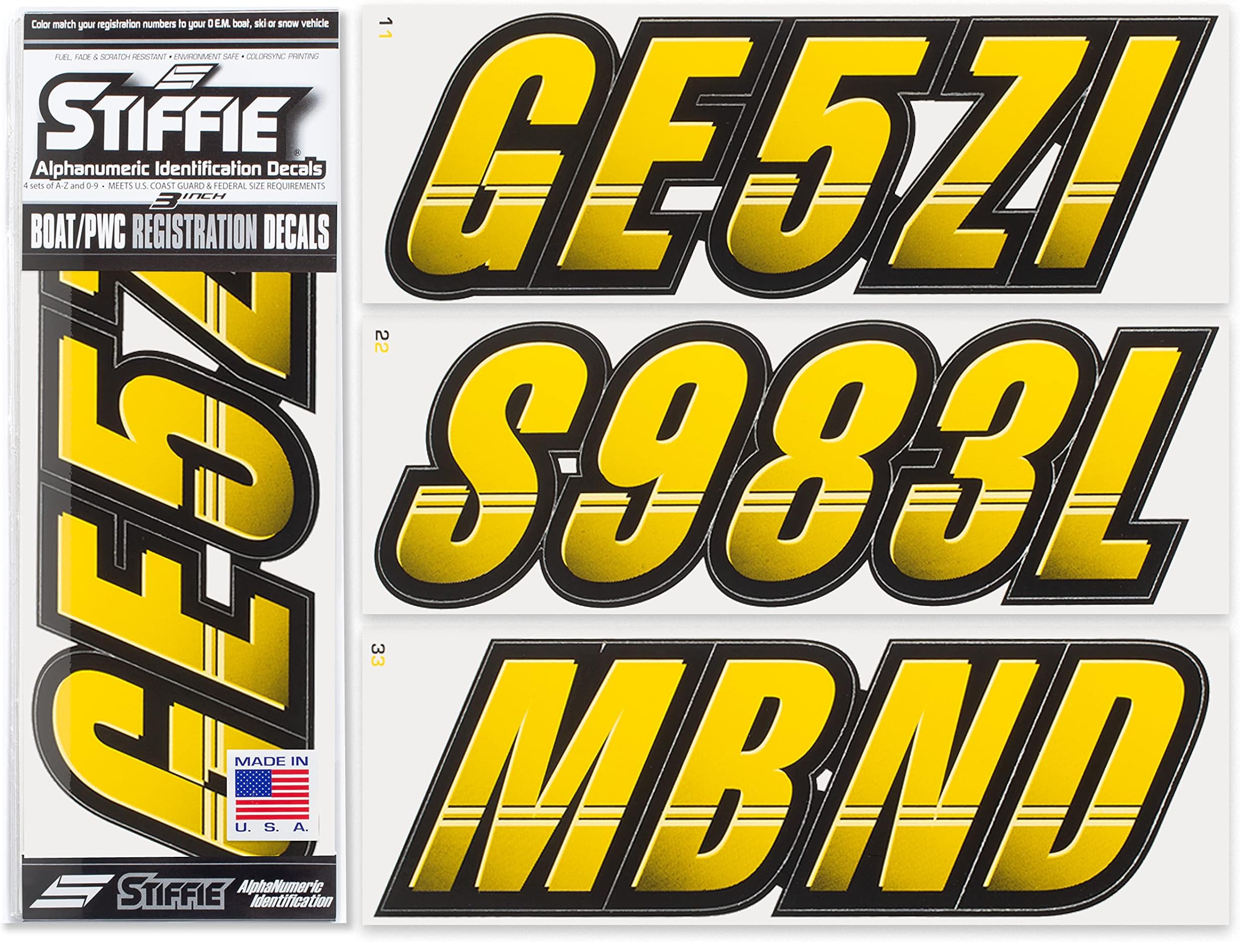 Techtron Yellow/Black 3" Boat & PWC Registration Decals • Numbers Letters Stickers