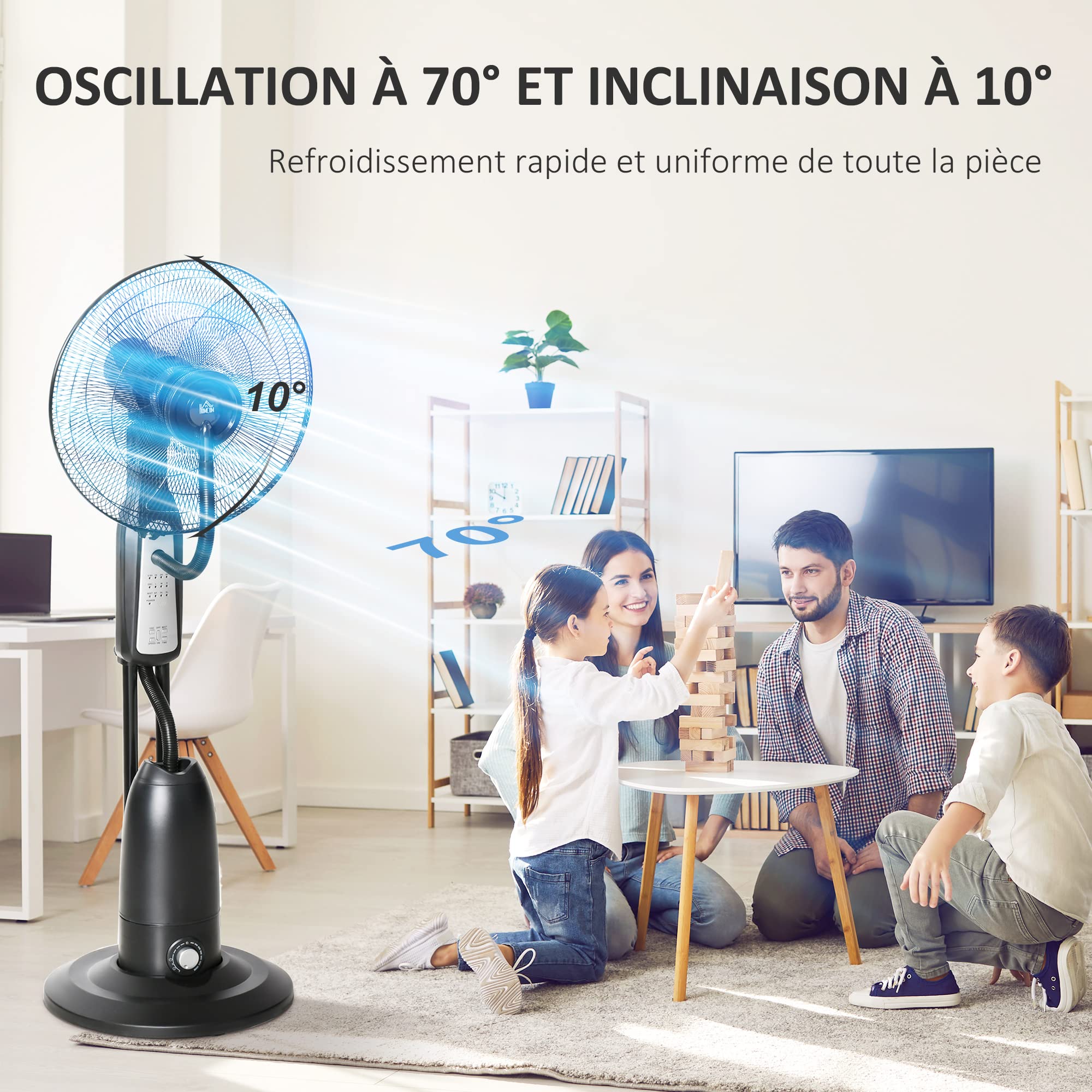 HOMCOM Ventilateur Brumisateur Silencieux 90W, Ventilateur sur Roulettes, 5 Pales Ø 44,5 cm, 3 Modes, 3 Vitesses, Brumisation, Télécommande, Minuterie, Oscillation à 70°, Tête Inclinable, Gris et Noir
