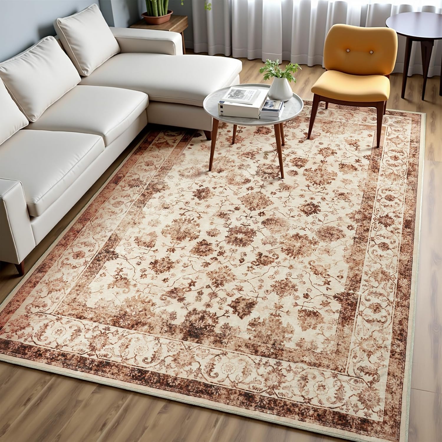 Zentavio 9x12 Washable Area Rugs, Vintage Non-Slip Floral Living Room Rug, Indoor Foldable Floor Thin Low Pile Carpet for Farmhouse Bedroom Dining Room Brown Brown 9' x 12' (Rectangular)