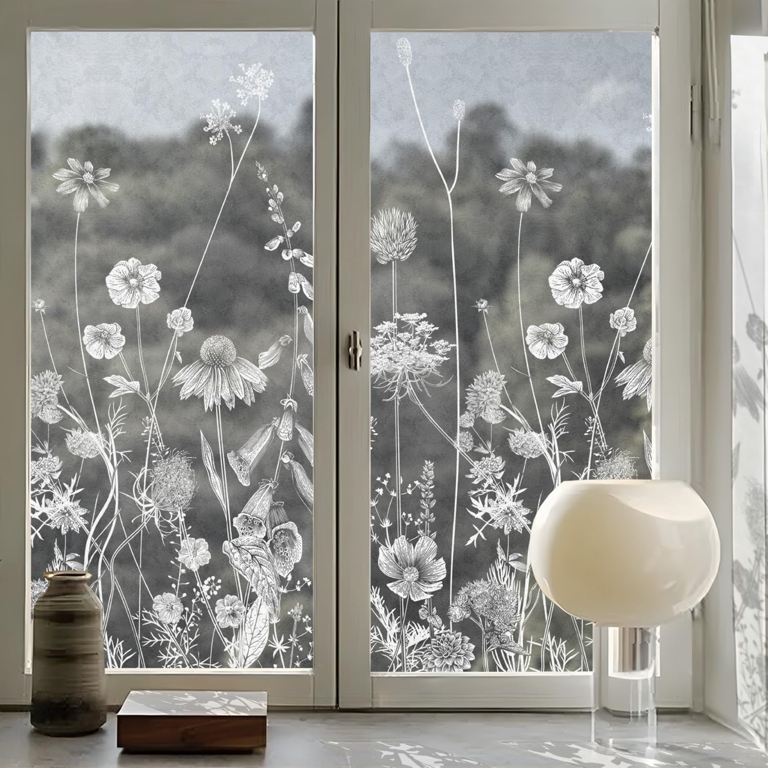 Floral Window Privacy Film Decorative Glass Decor, Frost White Film for Kitchen Bay Window, Thistle and Dandelion 22.83"X15.75"