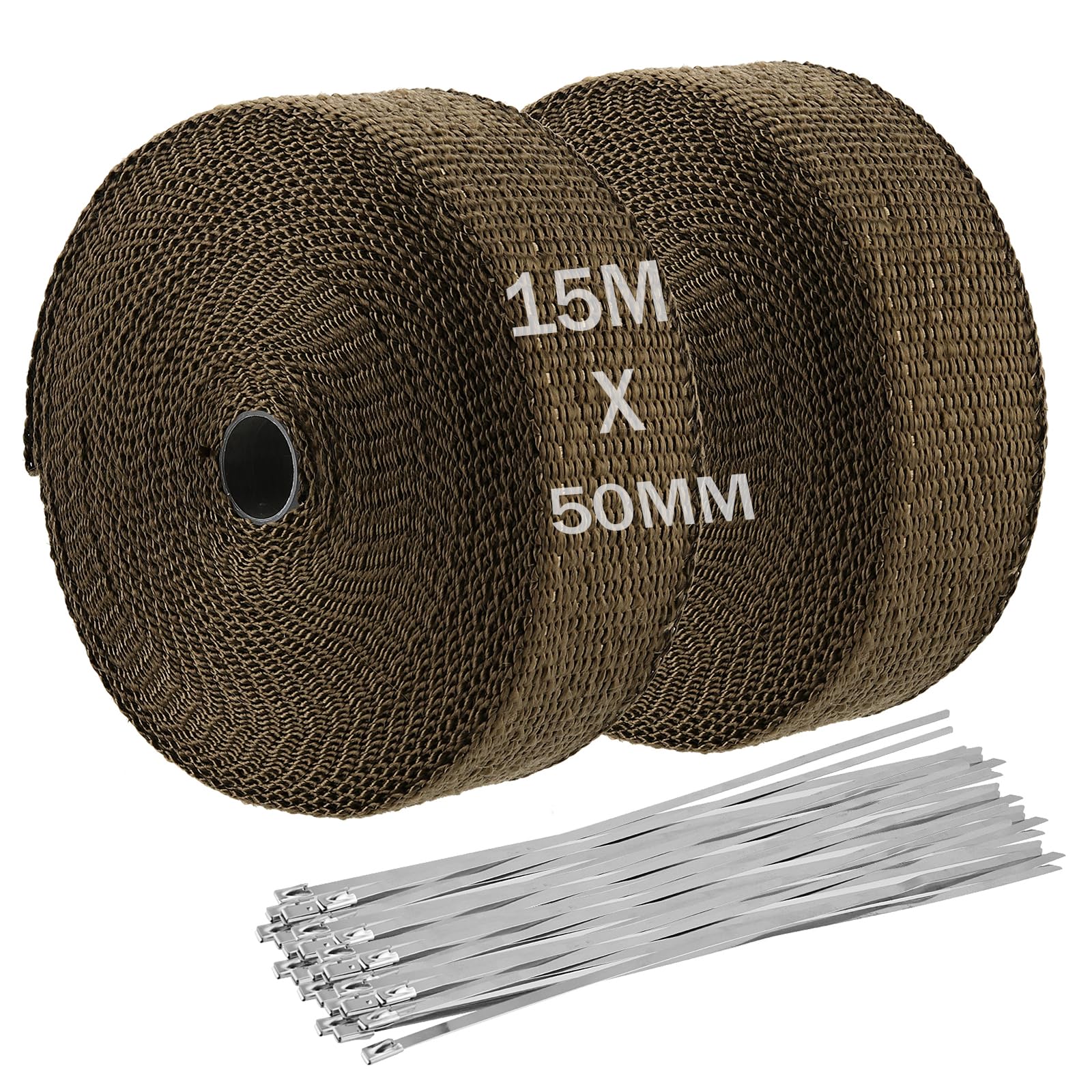 2 nastri di protezione dal calore, benda termica moto in fibra di basaltica, 15 m x 50 mm, in titanio, con 20 fascette in acciaio inox, nastro di scarico per moto, collettore a ventaglio