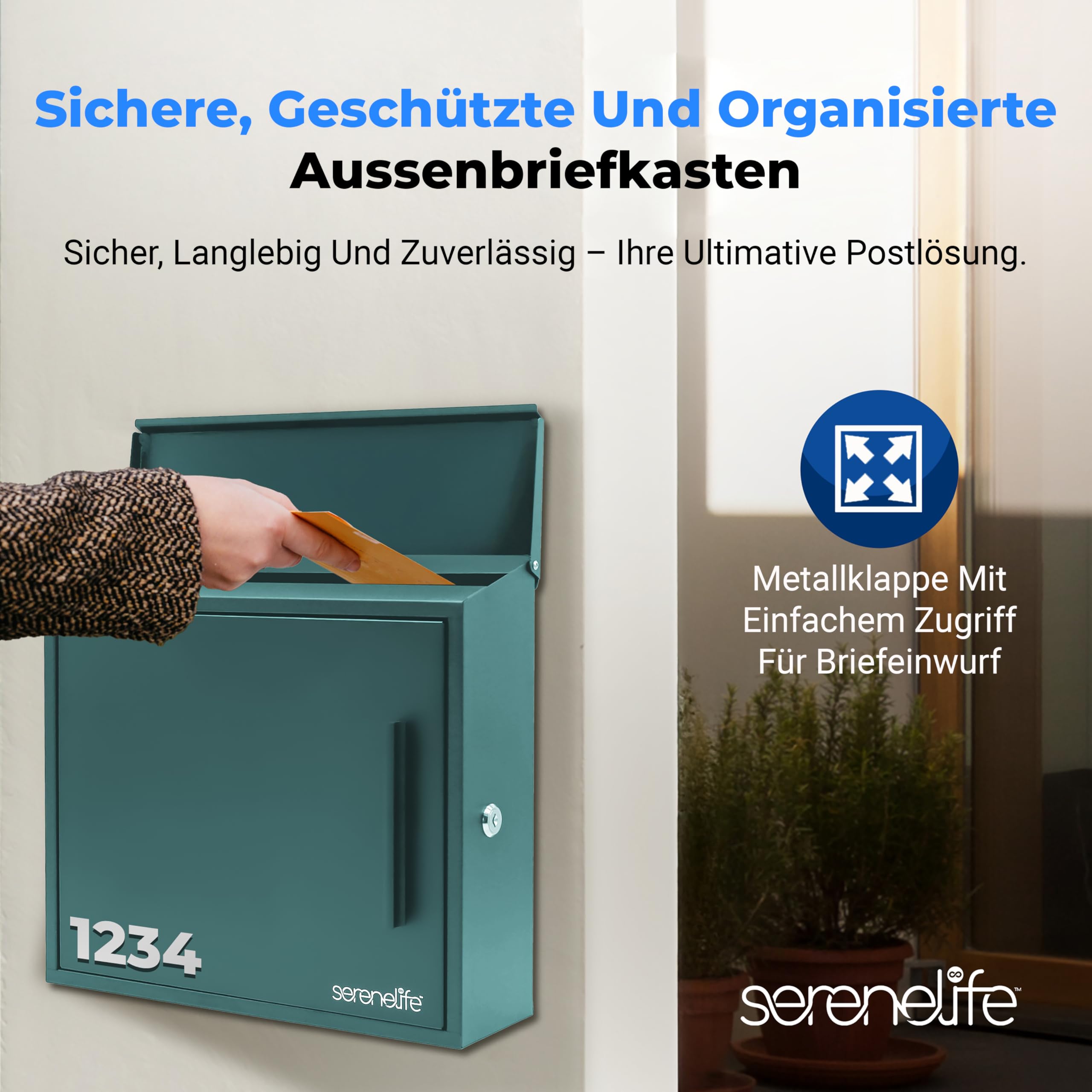 SereneLife Briefkasten, Postkasten- 21x33x35cm, Briefkasten ohne Zeitungsfach- Wetterfest & Rostbeständig inkl. Wandbriefkasten Inkl. Montagematerial & Hausnummern zum Aufkleben, 2 Schlüssel, Grün