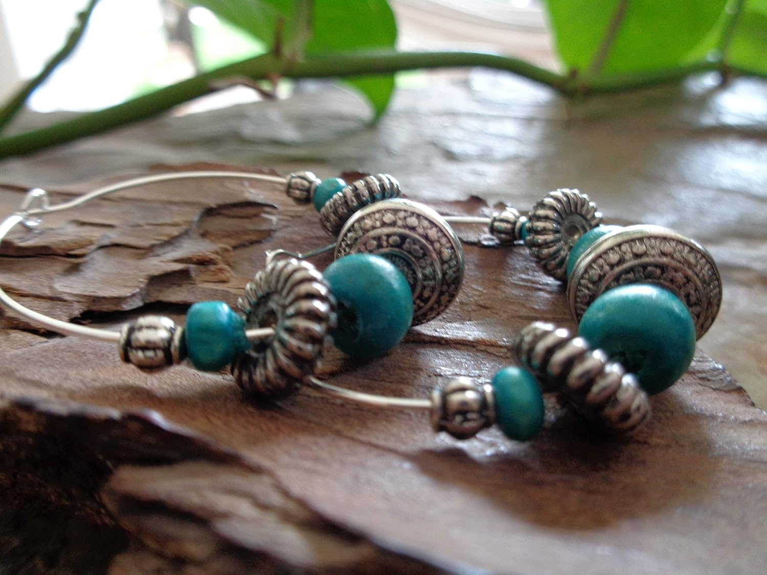 ✿ TURQUESA MADERA BOHO TRIBAL CREOLS ✿ Pendientes de estilo Bali ✿ TURQUESA MADERA BOHO TRIBAL CREOLS ✿ Pendientes de estilo Bali