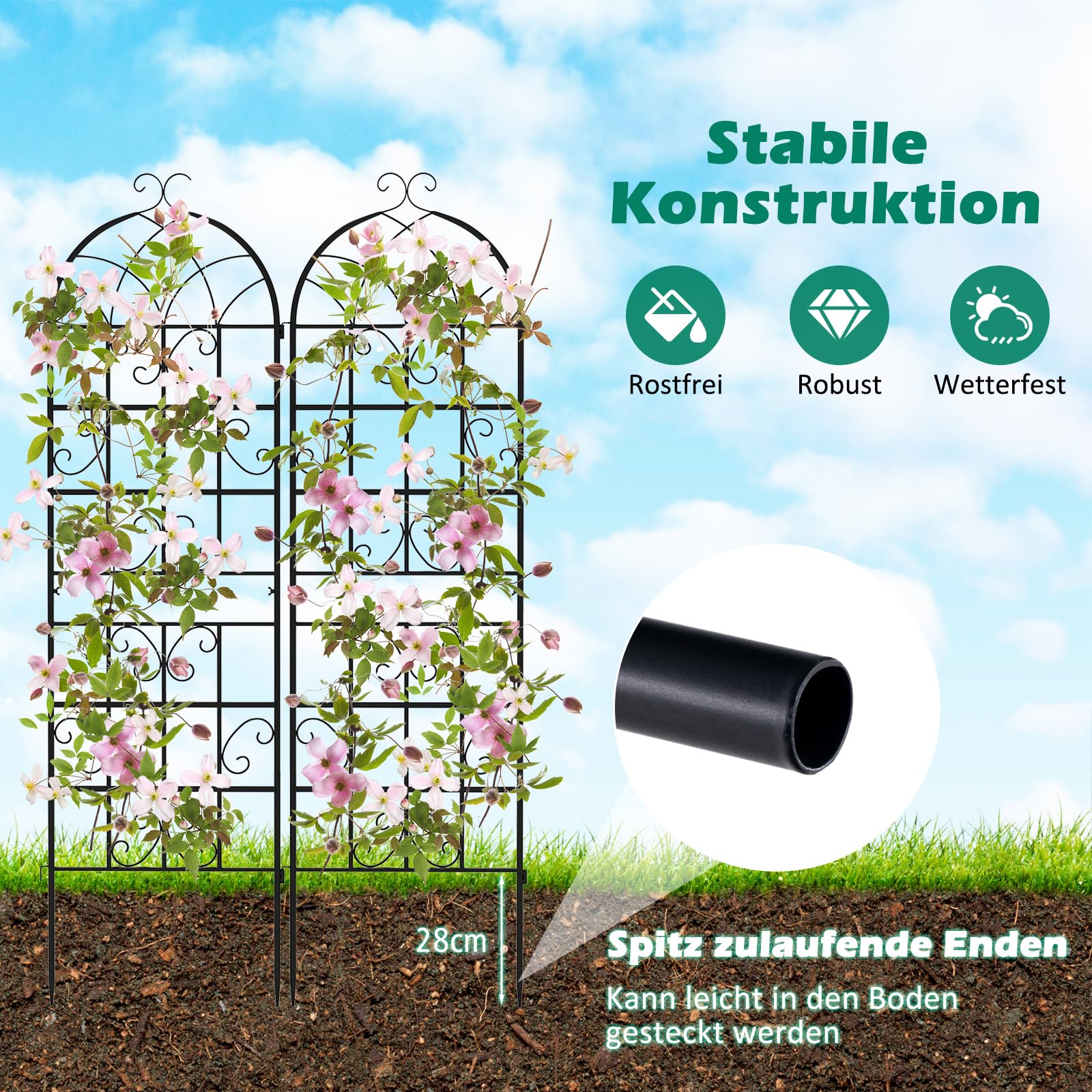 COSTWAY Metalowa kratka dla roślin pnących, zestaw 2 szt., dekoracyjne ogrodzenie ogrodowe, wolnostojąca pomoc dla roślin pnących, warzyw (czarna, 180 x 50 cm)