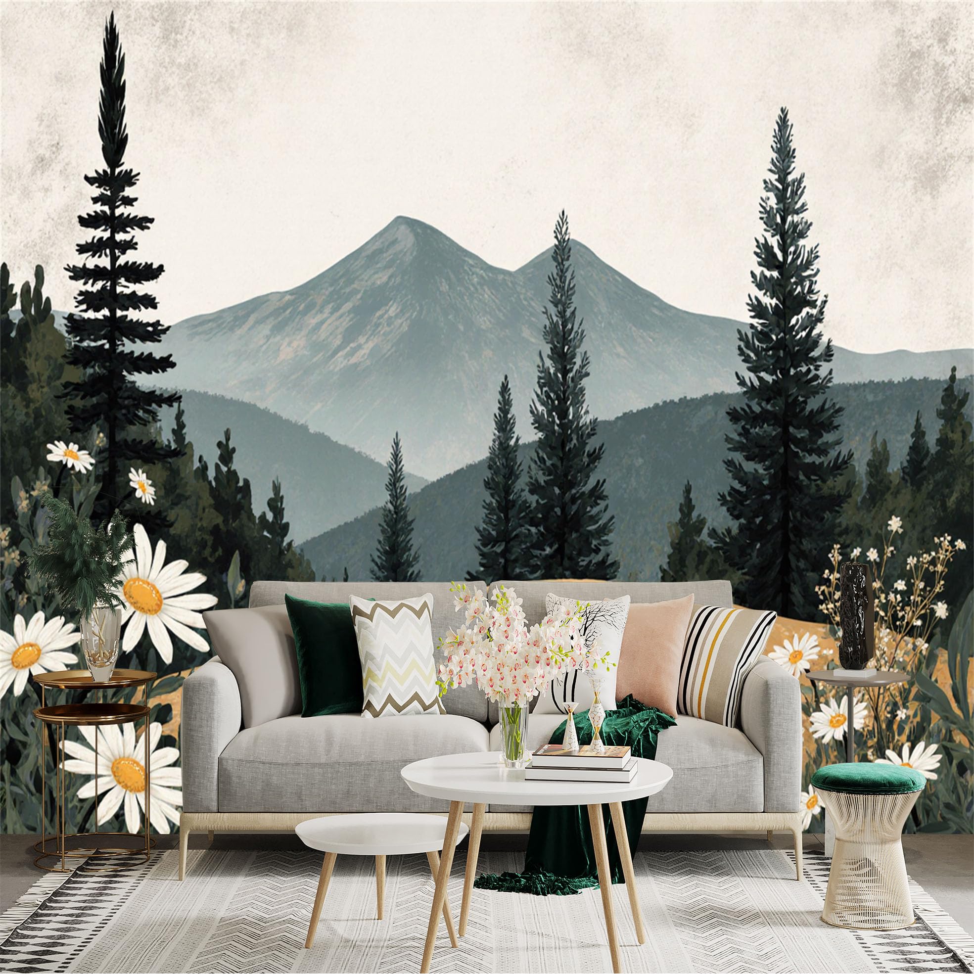 Custom Size Wall Sticker Mural， Daisy Flower Meadow with Pine Trees and Distant Mountain View， for wall Decoration， peelandstick wall Decals.