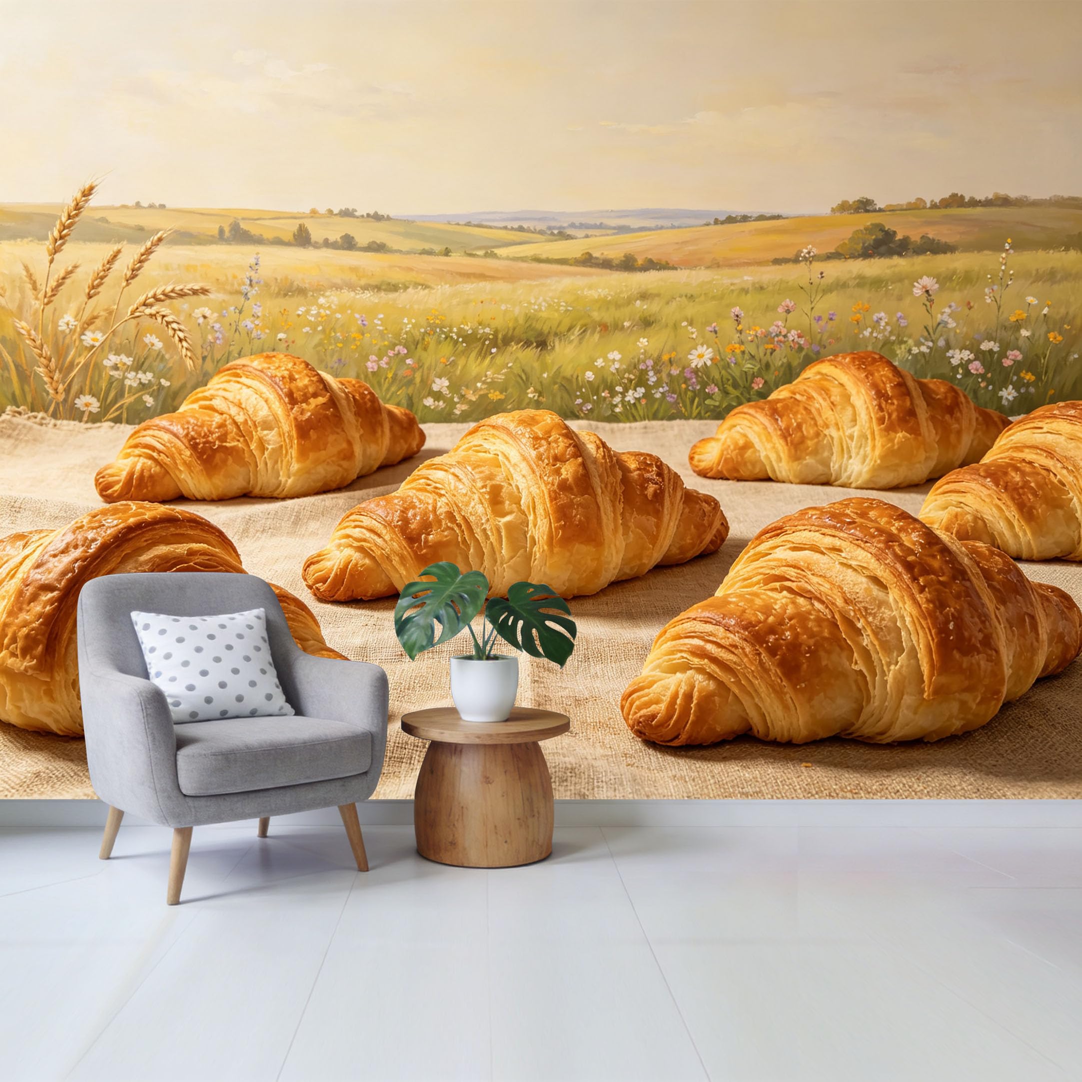 Qzlithotic Yq2605250738 Custom Size Wall Mural Golden Croissant Fresh Pastry Farmhouse Landscape Oil Painting Selfadhesive Wall Fabric Removable Wallpaper For Home Office Decor