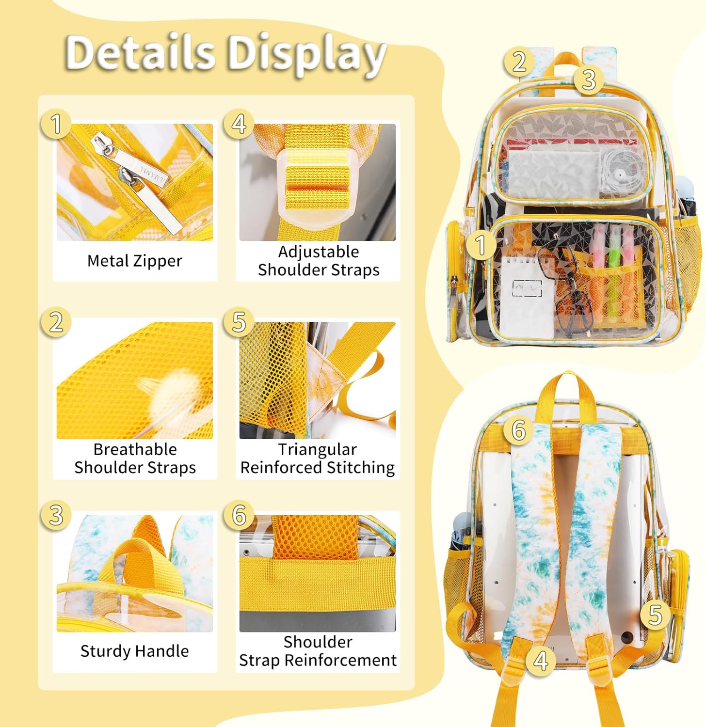 TINYAT Heavy Duty Clear Backpack for Stadium Events Transparent Backpack for Women See Through Bookbag Cute Clear Plastic Bag
