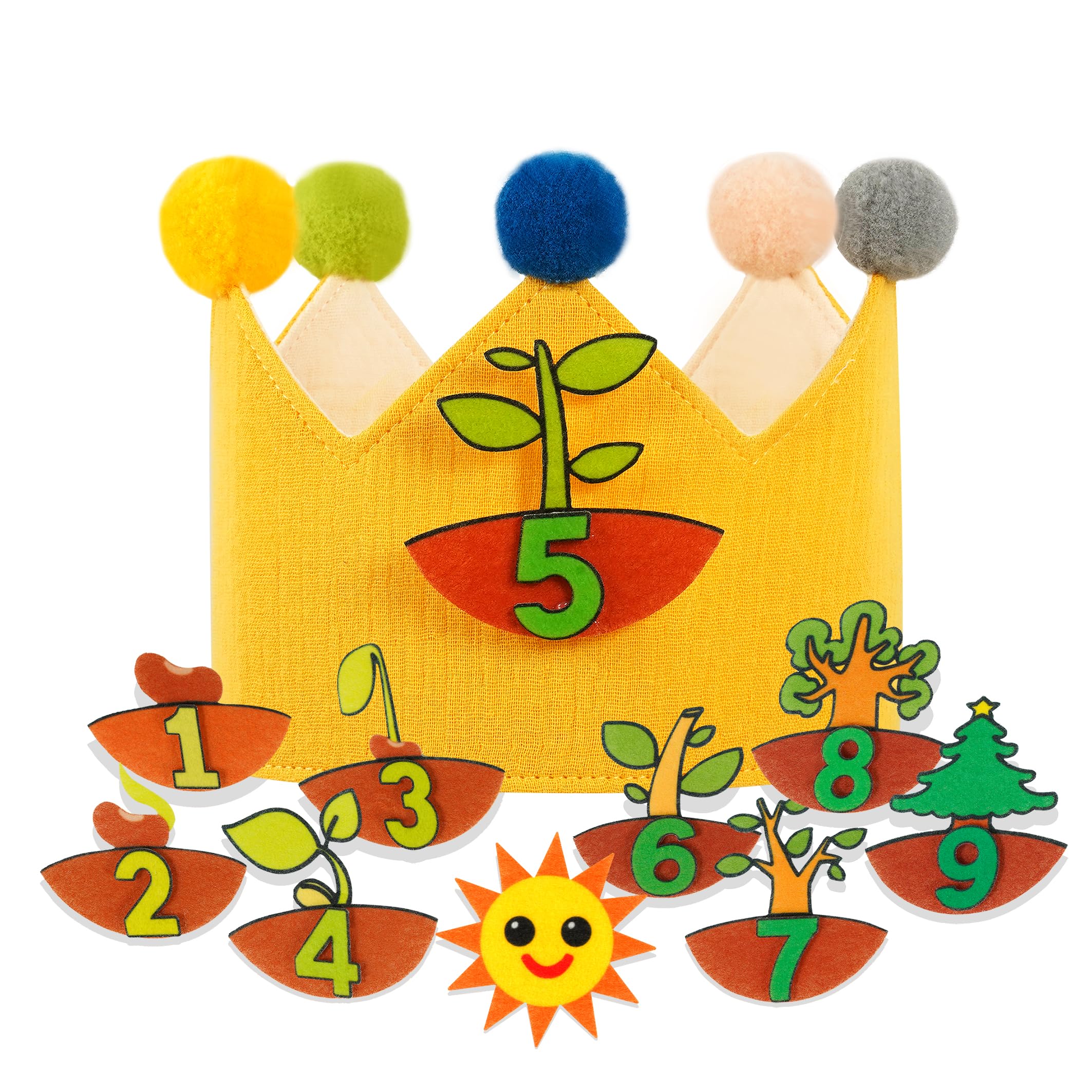 Macamolly Geburtstagskrone Kinder als Symbol der Wachstumsreise vom Keimling zum Baum - Krone Geburtstag mit Zahlen 1-9 - Geburtstags-Dekogeschenk mit Aufbewahrungsbeutel