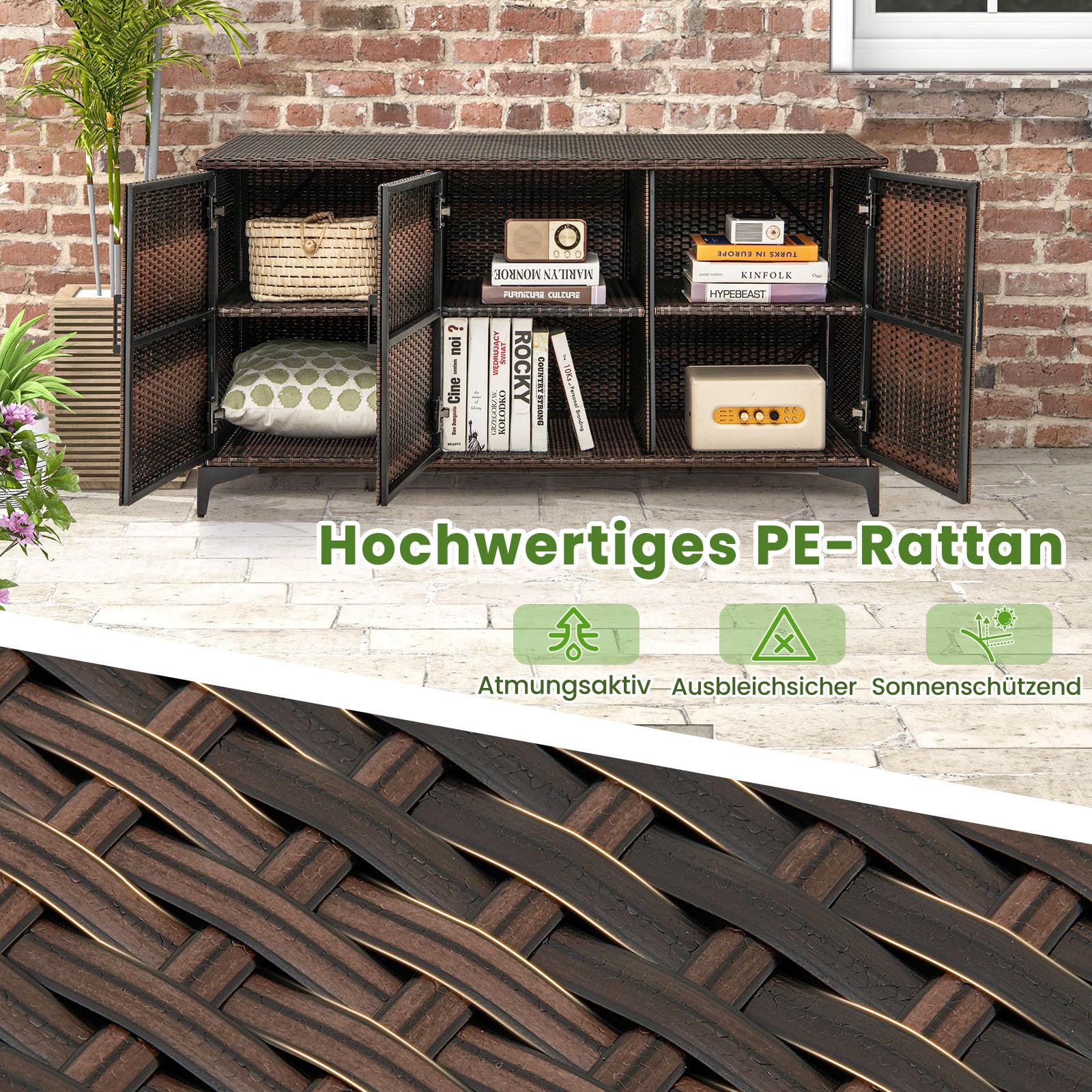 COSTWAY Gartenschrank Rattan, Terrassenschrank mit Türen & abnembaren Regalen, Balkonschrank, Outdoor Aufbewahrungsschrank für Garten, Terrasse, 135 x 50 x 70,5 cm (Braun)