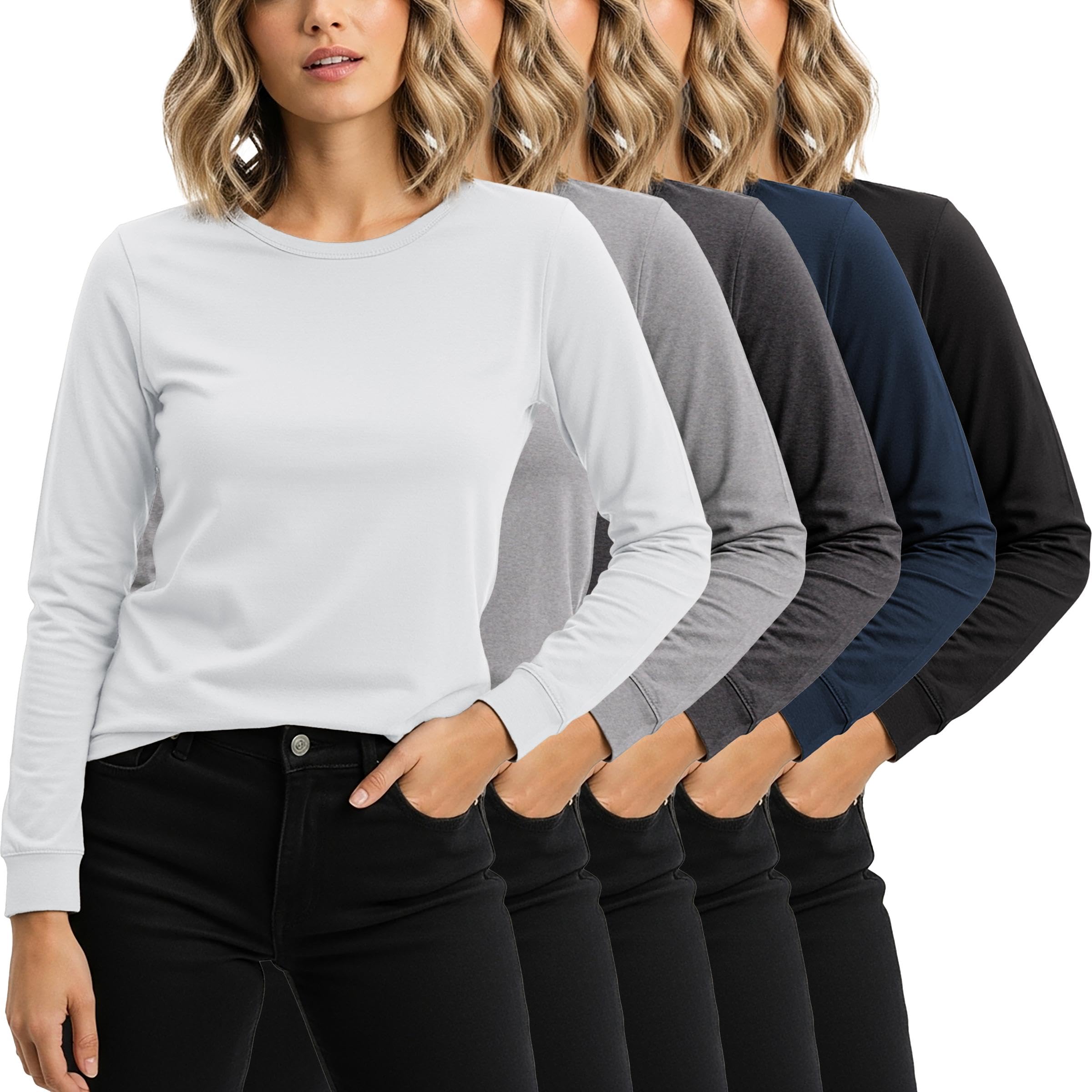 Sexy Basics Women's Cotton Stretch Athletic T-Shirt | Long Sleeve Tops |Multi Packs Colors