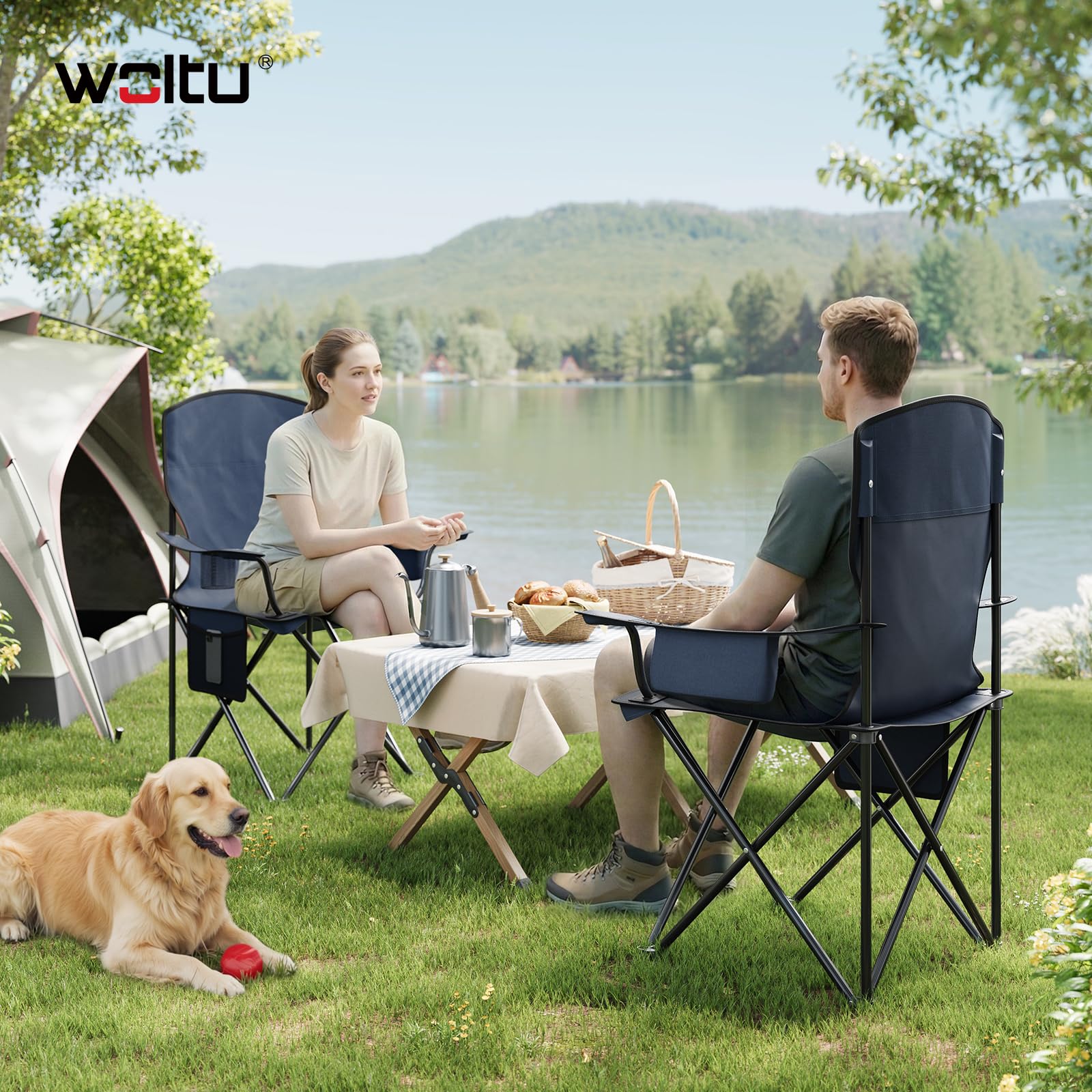 WOLTU Chaise Camping Pliante, Lot de 2, Sac Isotherme, Bleu Marine
