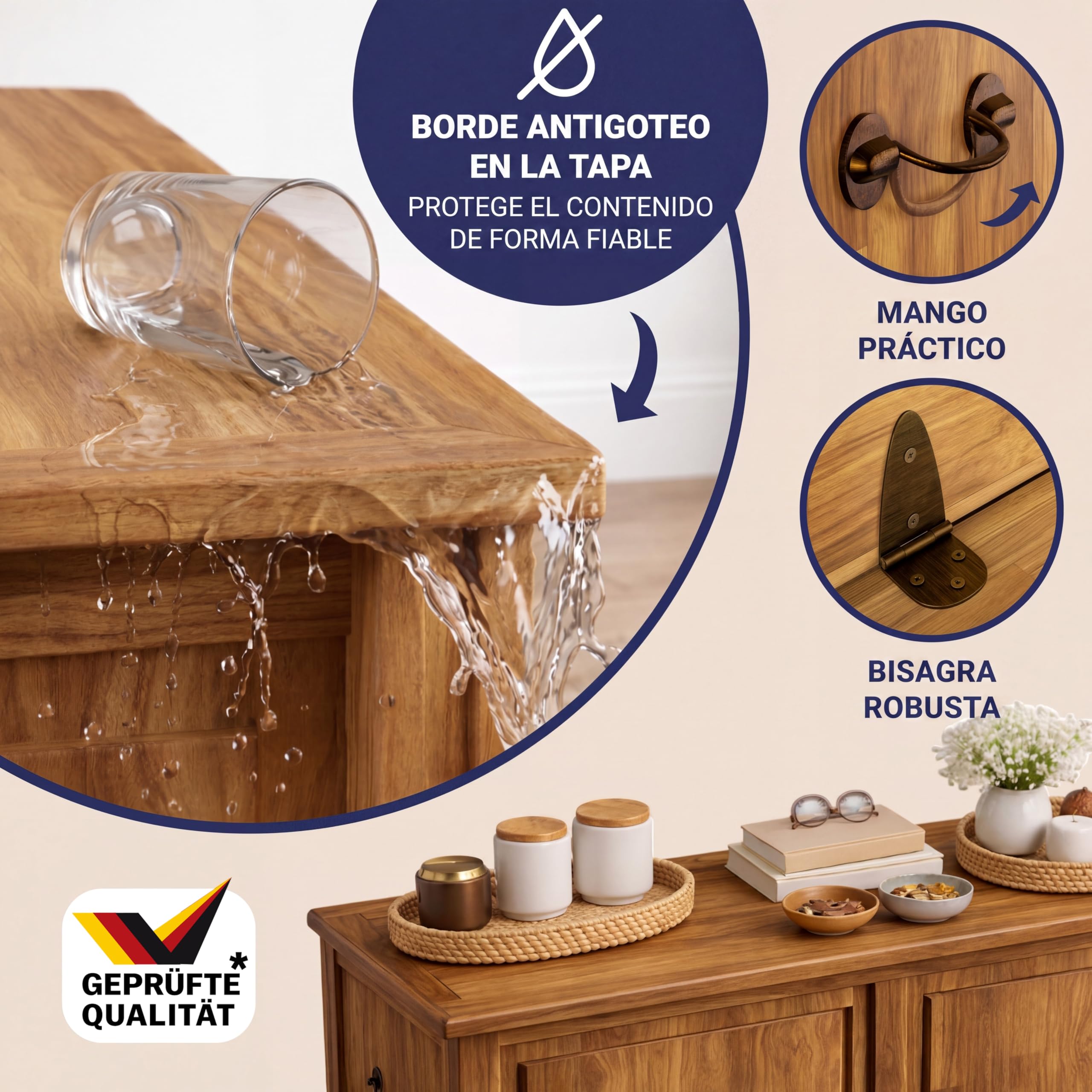 CASARIA® Baúl de Madera Grande, 103L Banco Almacenaje, Carga 160Kg, Acacia, Arcones Pasillo Salón Dormitorio, Estilo Colonial Campo Rústico, Cofre, Versátil, 85x44x48cm, Estable