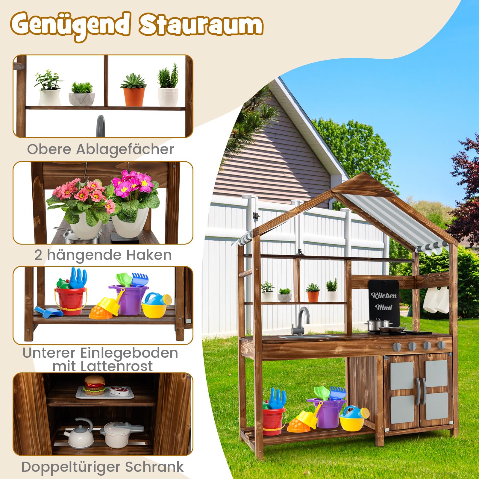 COSTWAY Matschküche Kinder Outdoor, Kinderküche Massivholz mit Vordach & Wasserhahn & Spülbecken & Tafel & Blumentöpfen, Gartenküche inkl. Zubehör, Spielküche Outdoor Küche für Kinder ab 3 Jahren