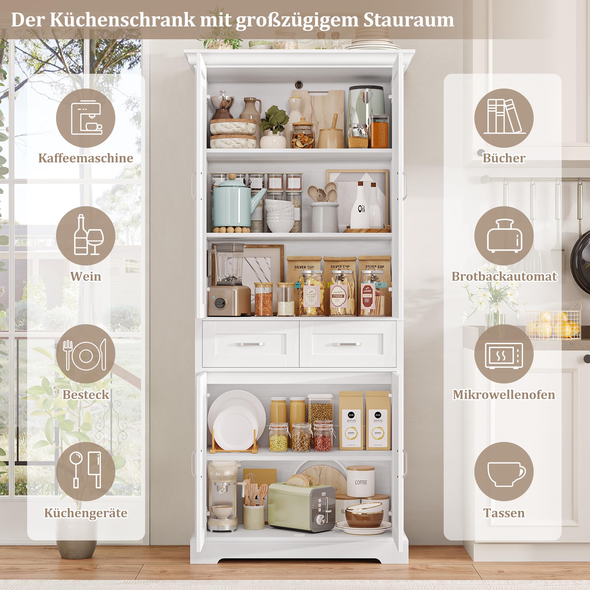 FirFurd 180cm Küchenschrank Hochschrank Mehrzweckschrank Badezimmerschrank Küchenbuffet mit 4 Türen & Schublade, Buffetschrank Küchenschrank hoch für Wohnzimmer Küche Badezimmer 80x40x180,5cm, Weiß
