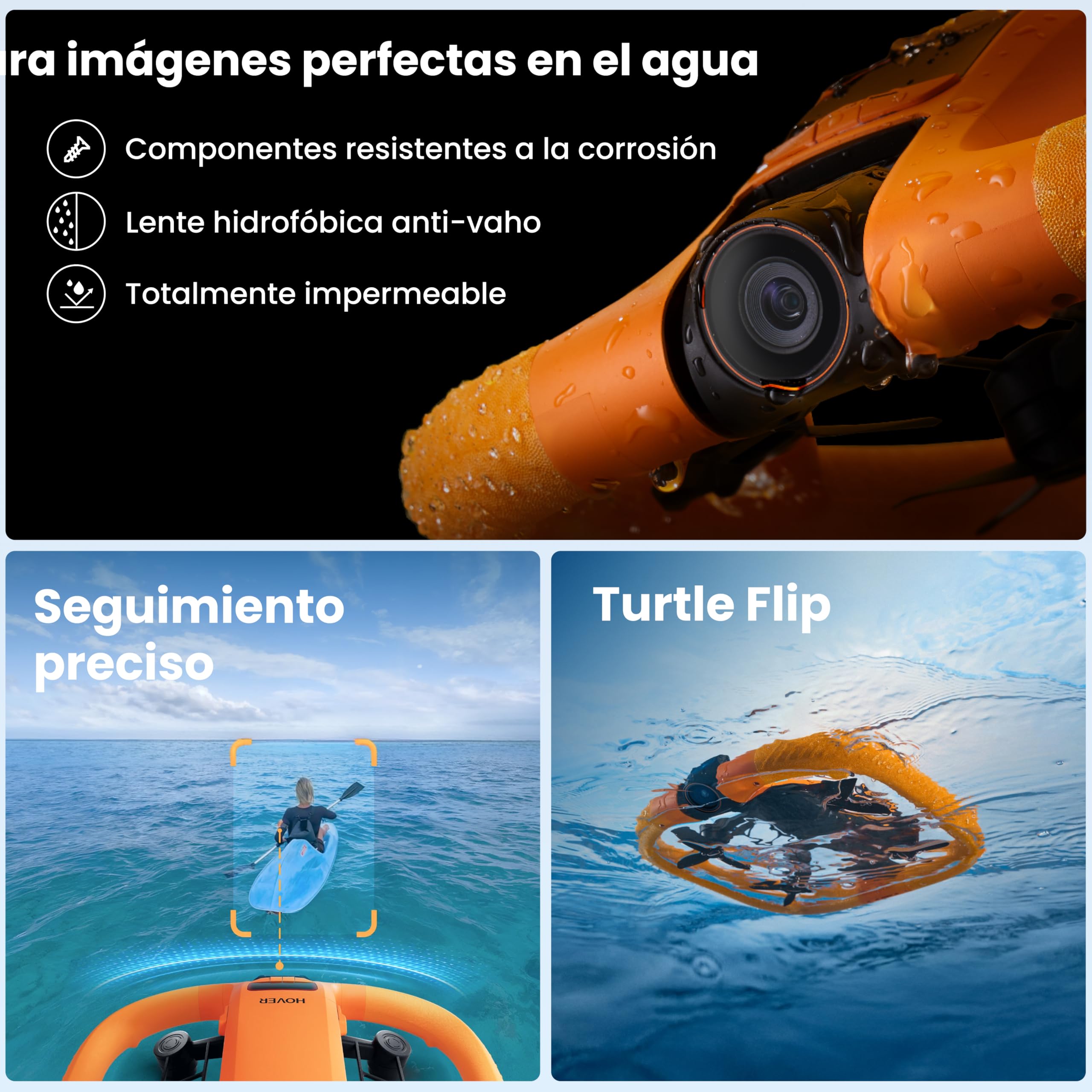 HOVERAir AQUA Cámara voladora, dron seguidor impermeable IP67 con cámara para deportes acuáticos, 34mph, 10+ modos de vuelo, lenta 4K 100fps, vídeo HDR, control manual (Land & Sea Combo)