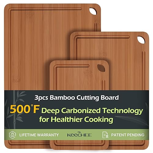 Keechee Bamboo Cutting Board, Durable Wood Cutting Boards for Kitchen with Deep Juice Grooves & Built-in Handles, Ideal Charcuterie & Chopping for Meat, Vegetables and Fruits Ideal Kitchen Gifts - Carbonized Bamboo(Brown) - Set of 3 (S+M+L)