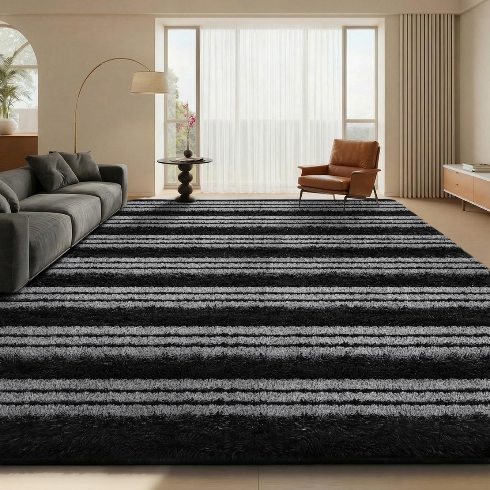 Sour Lemon Grey Rugs Living Room 200x300cm, Striped Area Rug for Bedroom, Washable Rug Anti Slip, Extra Large Fluffy Shaggy Rugs Modern Floor Carpets Mat Beside Carpet for Kids Living Room — image 1