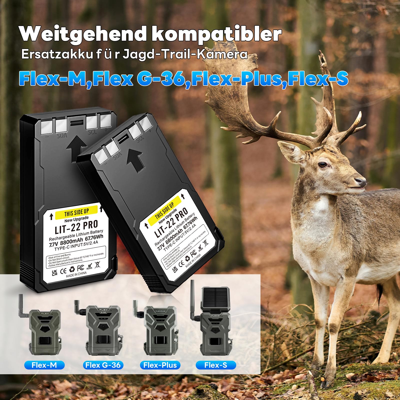 Lot de 2 batteries au lithium de rechange LIT-22 8800 mAh 7,7 V pour caméras de chasse mobiles compatibles avec la série Flex (Flex-M, Flex-S, FLEX-G36, Flex-Plus), câble de charge secteur inclus