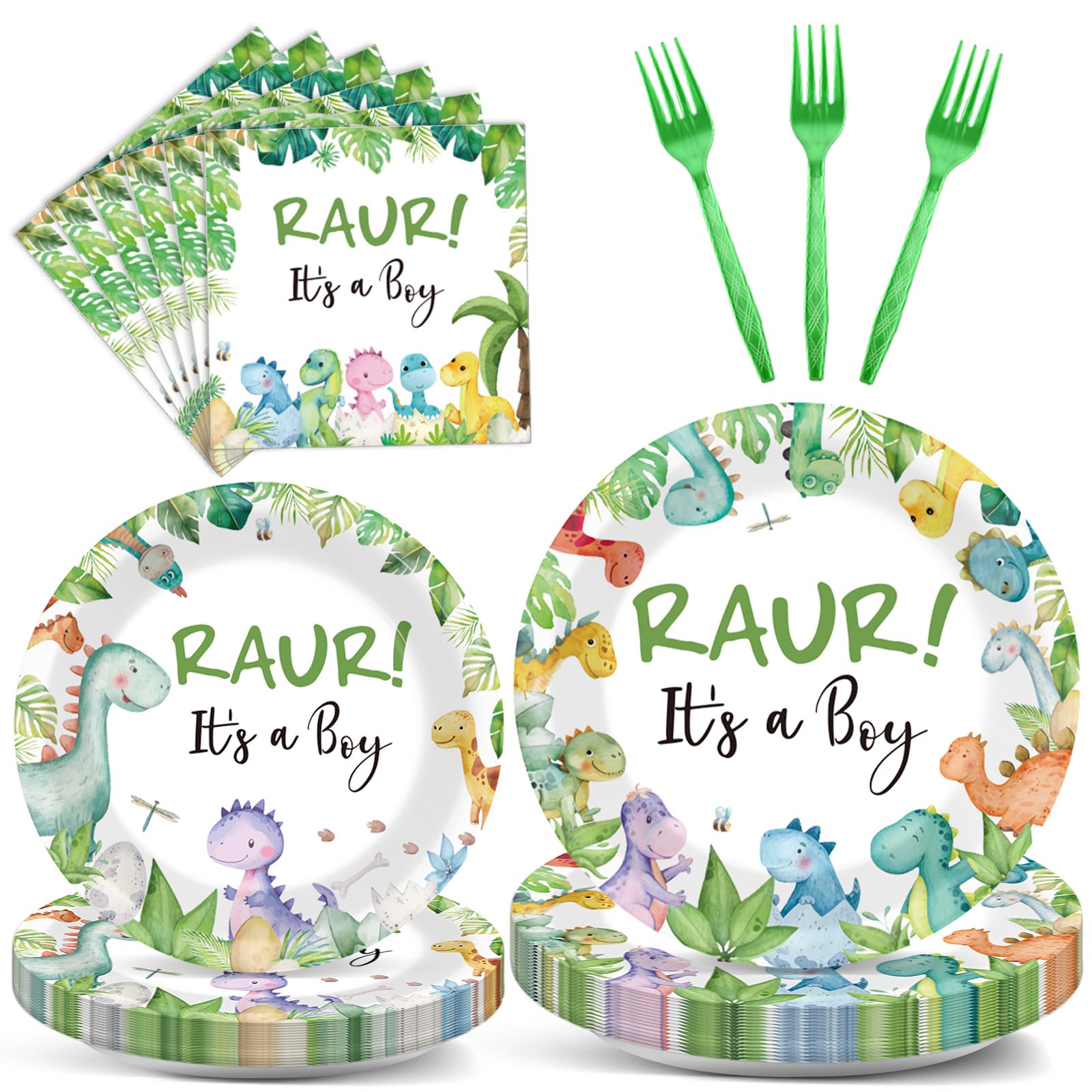 100Pcs Dinosaur Baby Shower Party Decorations for Boy Dino Paper Plates and Napkins Set Dino Birthday Dinner Tableware Decorations Dinosaur Rawr Its a
