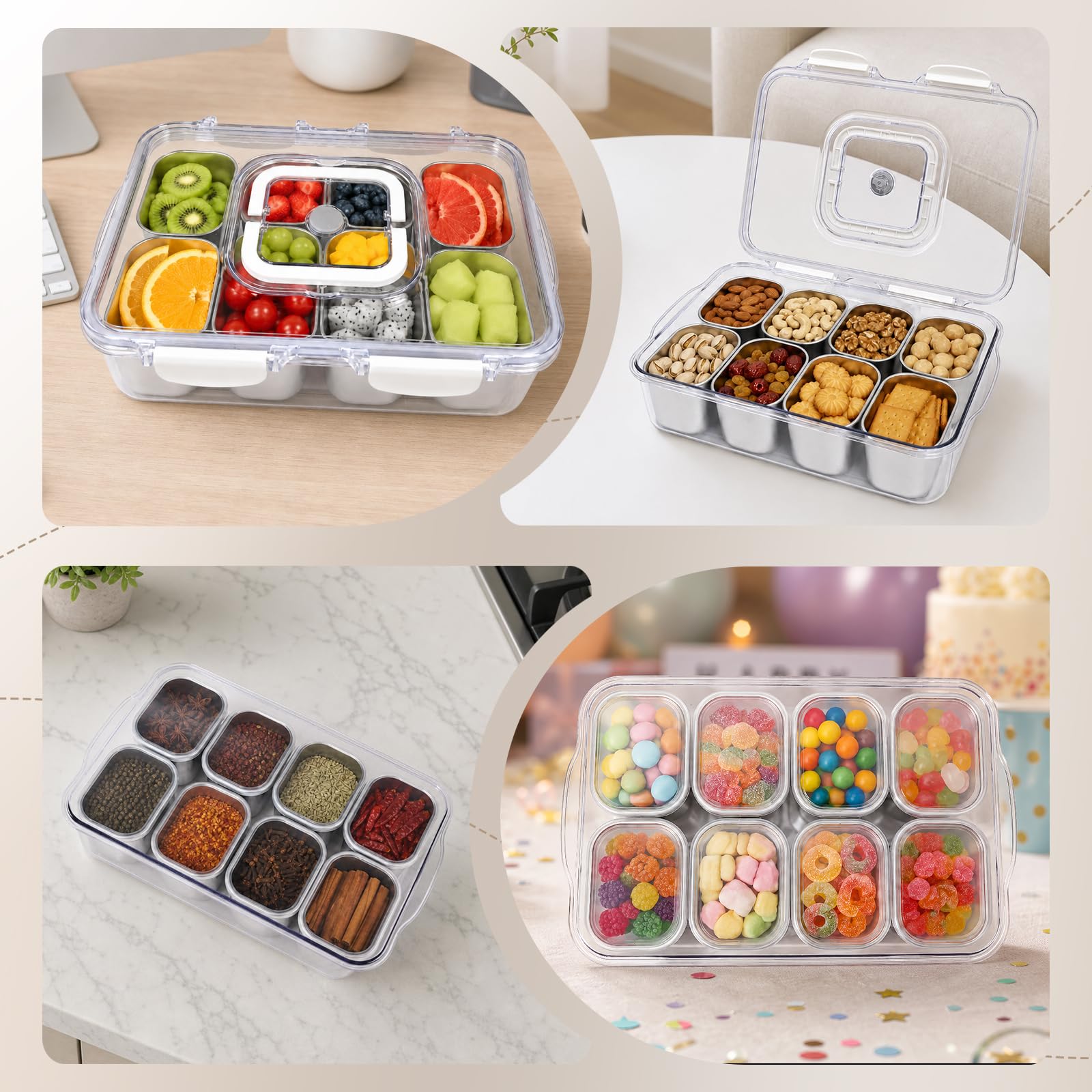 Lot de Snack Box avec 8 Pcs Boites Inox 300 ml | Boite Conservation Alimentaire de 4500ml avec Couvercle et Poignée, Senza BPA, Boîtes Alimentaires pour Meal Prep