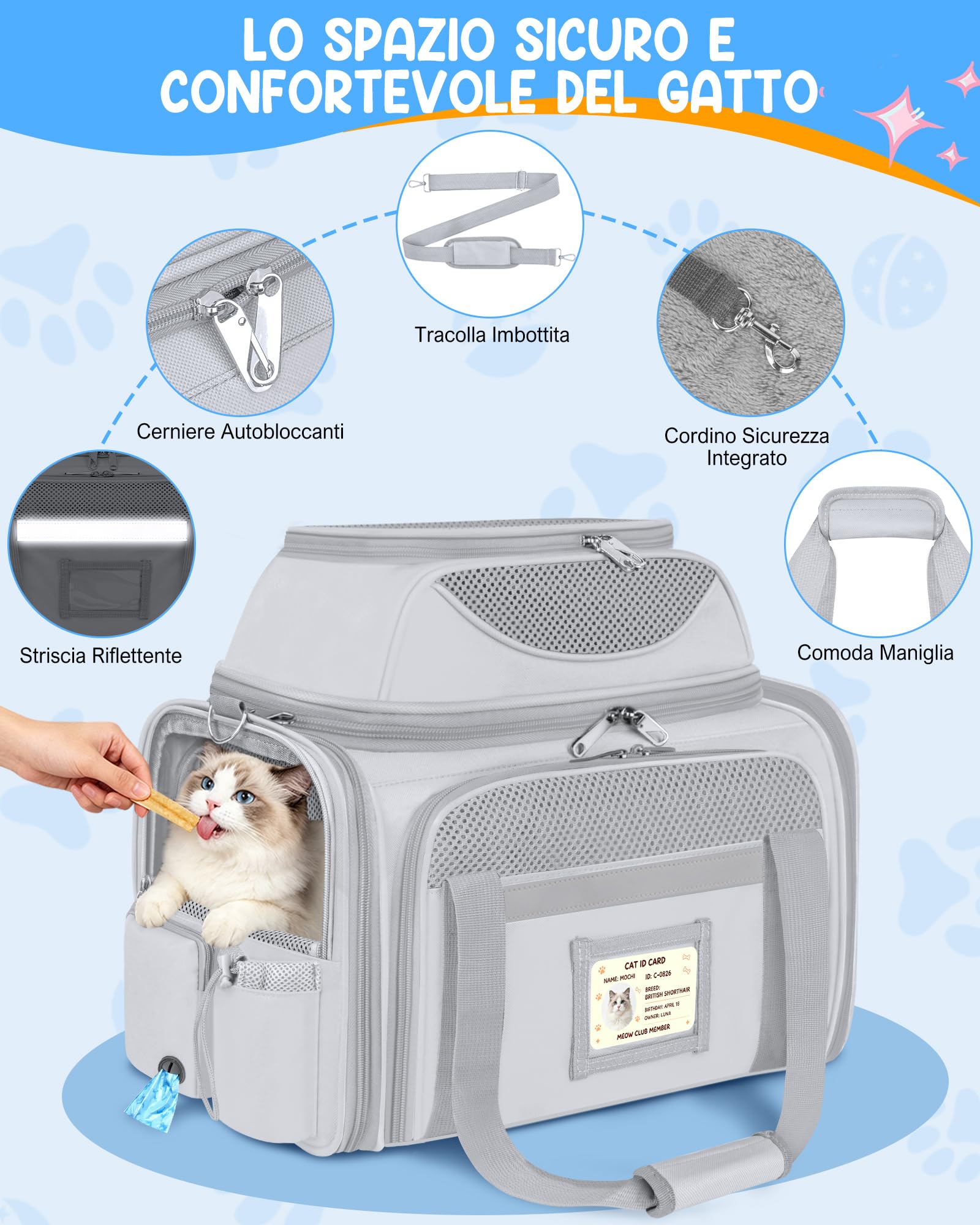 Trasportino Gatto Morbido Pieghevole Approvato Aereo Espandibile Borsa Viaggio Gatti Gatto Pieghevole Fino a 10kg Morbido Pet Carrier per Cani con Cuscino Lavabile e Guinzaglio Interno