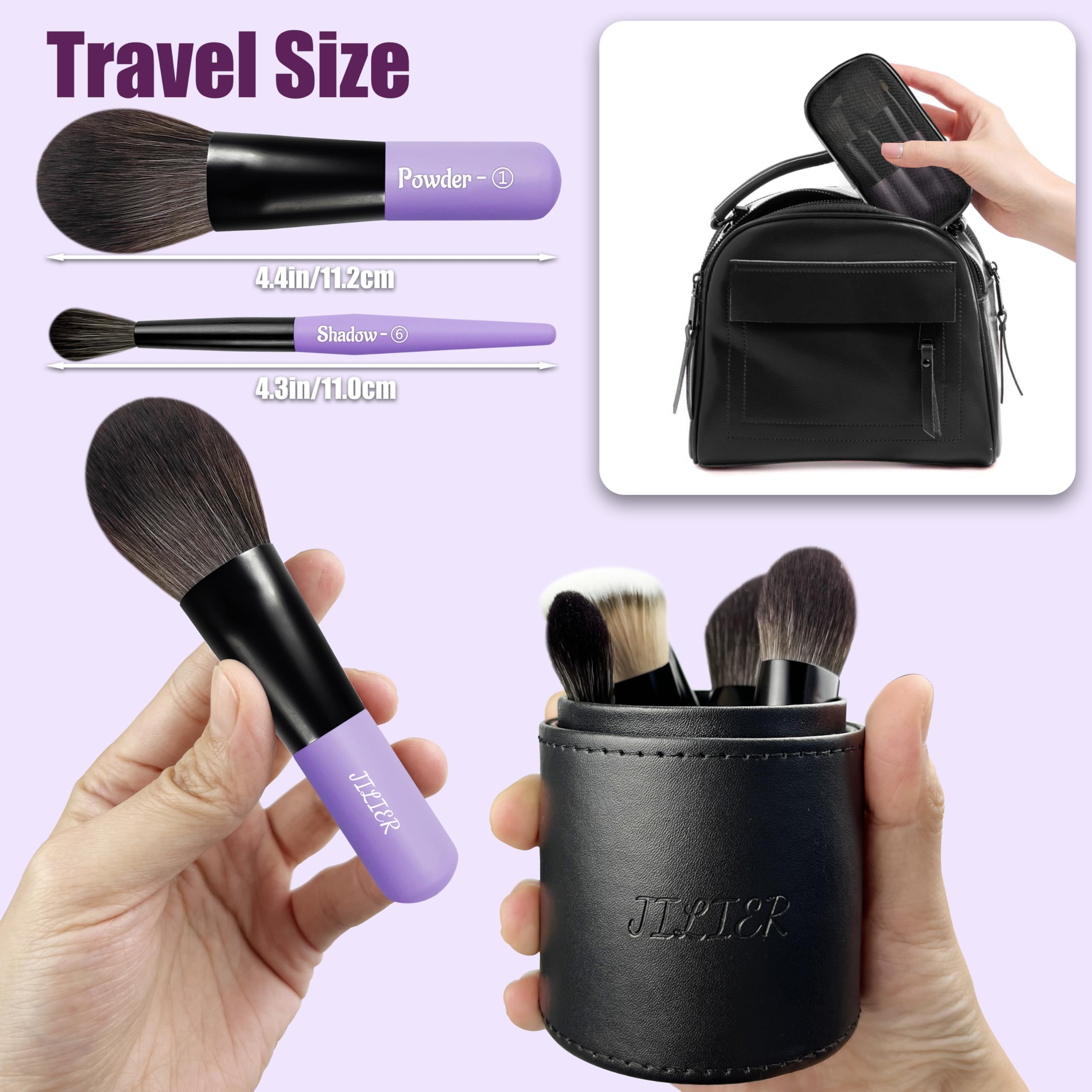 Jilier 14pcs Mini Make-up Pinsel und Taschenspiegel, Reise Make-up Pinsel Set, LED Kompaktspiegel mit Licht, Reisegröße mit Etui, Tragbar für Handtasche, Reiseutensilien für Frauen