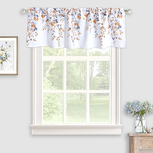 Miniatura 2 de Cenefa de flores lloronas para ventanas, cenefa de cortinas cortas florales para baño, cocina, bolsillo para barra, 52 x 16 pulgadas, naranja y gris