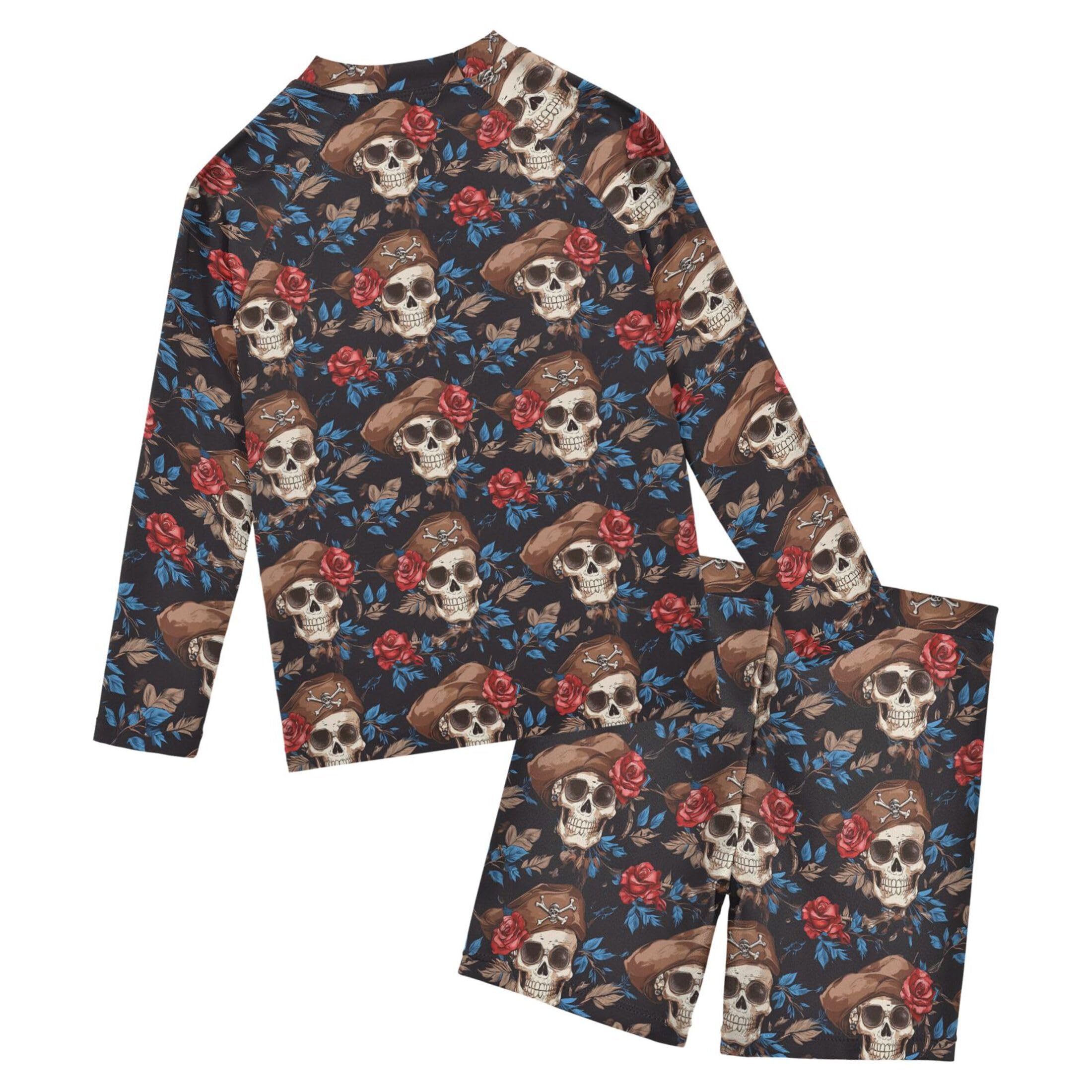 Skull Flower Toddler and Baby Boys' 2-Piece Swimsuit Trunk, Long Sleeve Rashguard Bathing Suit B0404445