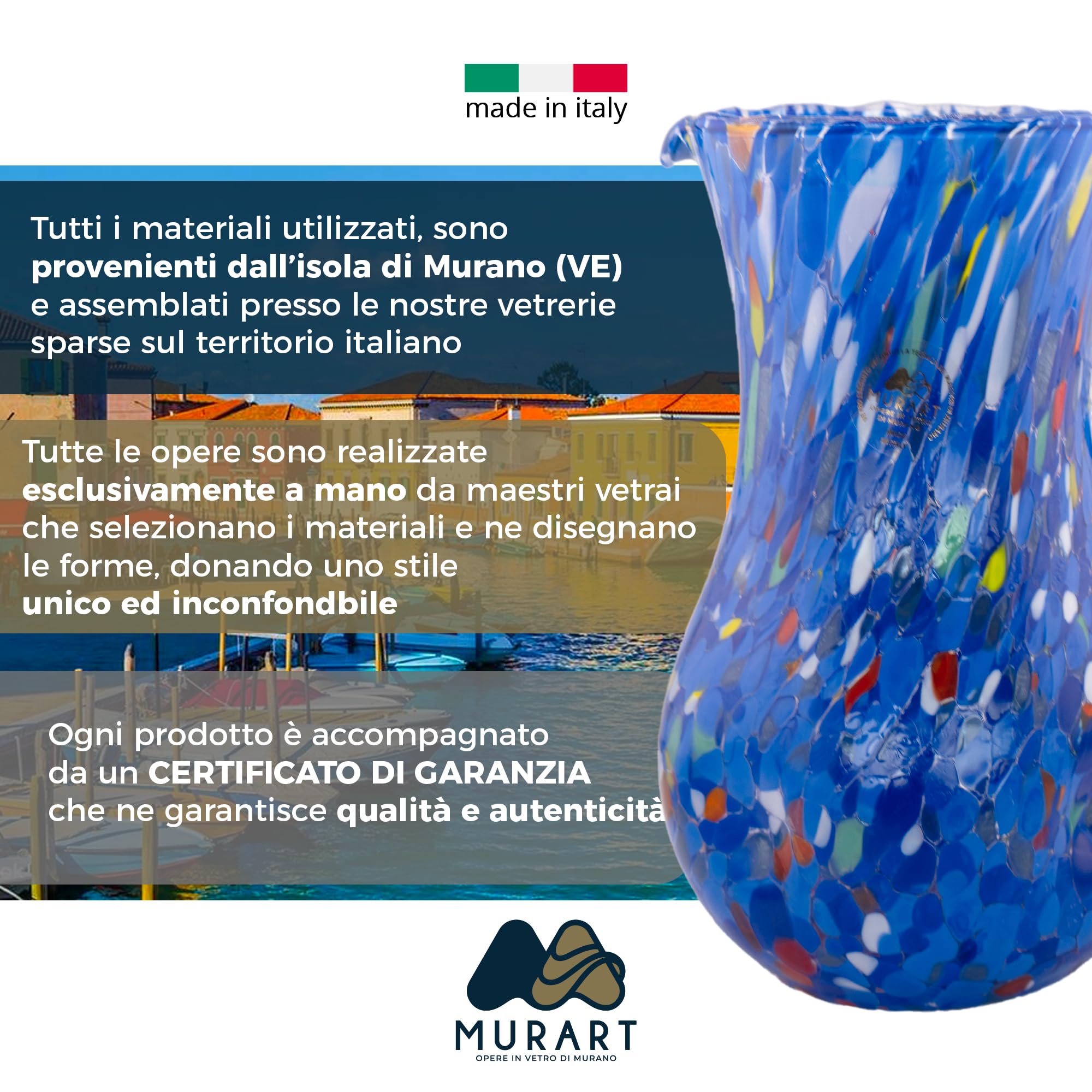 MurArt Jarra de cristal de Murano 500 ml Colección Ondas Altura 20 cm Decorado con Murrine Hecho a mano Made in Italy