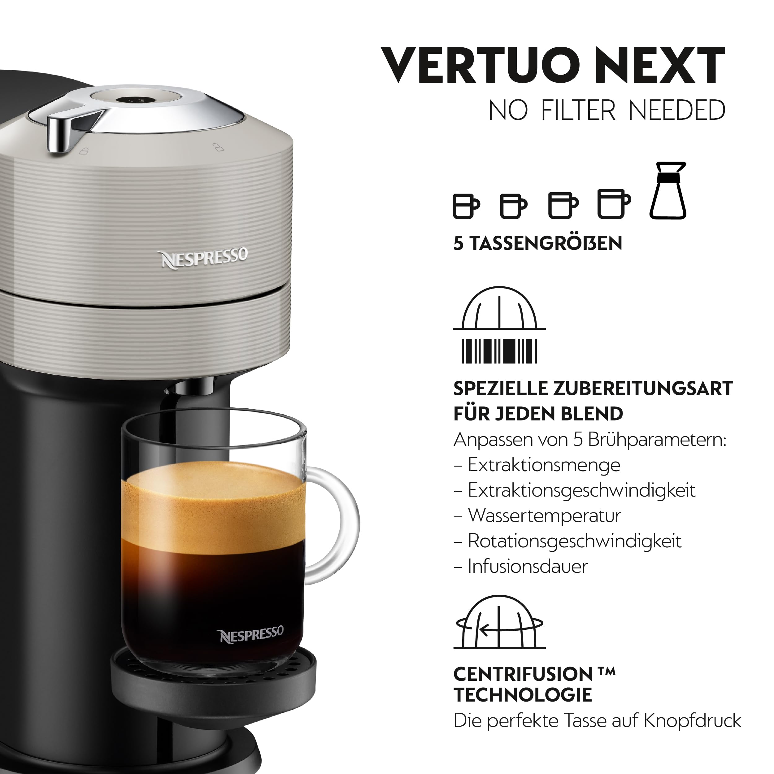 Nespresso Krups XN910B Vertuo Next Kaffeekapselmaschine | 1,1 L Wassertank | Kapselerkennung durch Barcode | 6 Tassengrößen | Power-Off Funktion | 54 % aus recyceltem Kunststoff | Light Grey