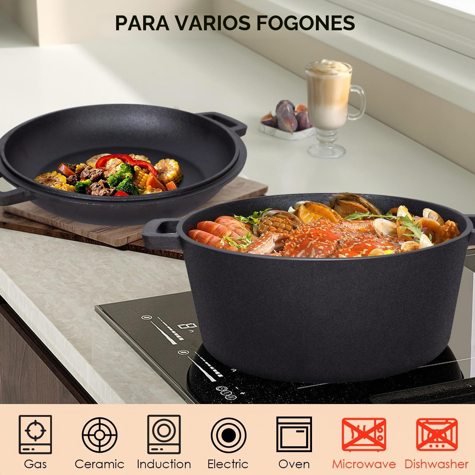 Todeco 5L Olla de hierro fundido con Tapa, 2 en 1 Horno holandés Presazonado con Receta, para Todo Tipo de Cocinas, Cacerola para camping, cocina, BBQ Bake