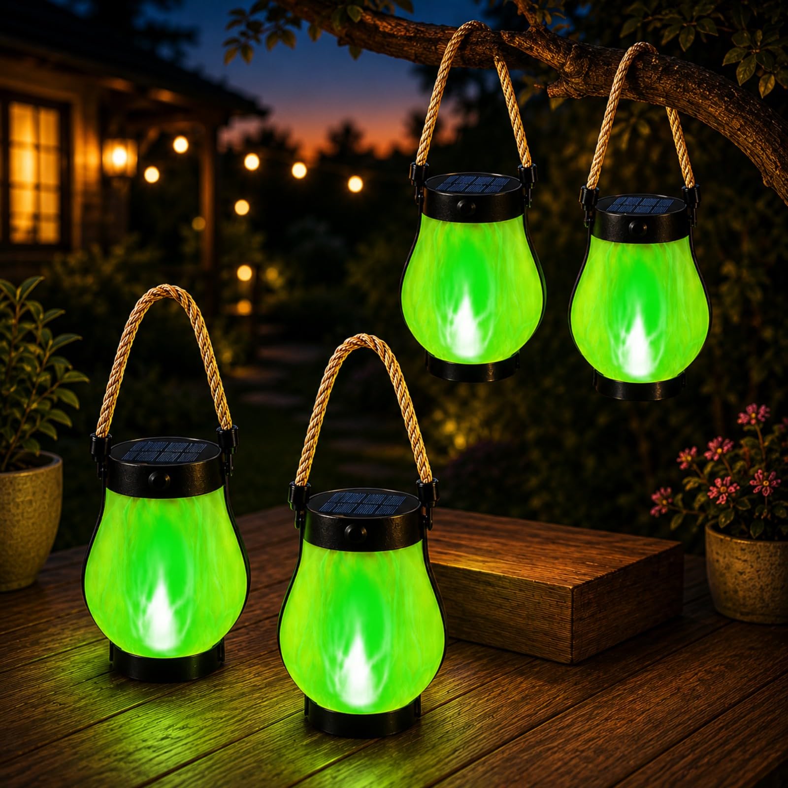 Solar Flame Lantern Outdoor Lights, Waterproof Hanging Lantern with Dancing Flickering Flame, Decorative Garden Light for Patio, Yard, Pathway & Outside Decor (Green Light (4-Piece Set))