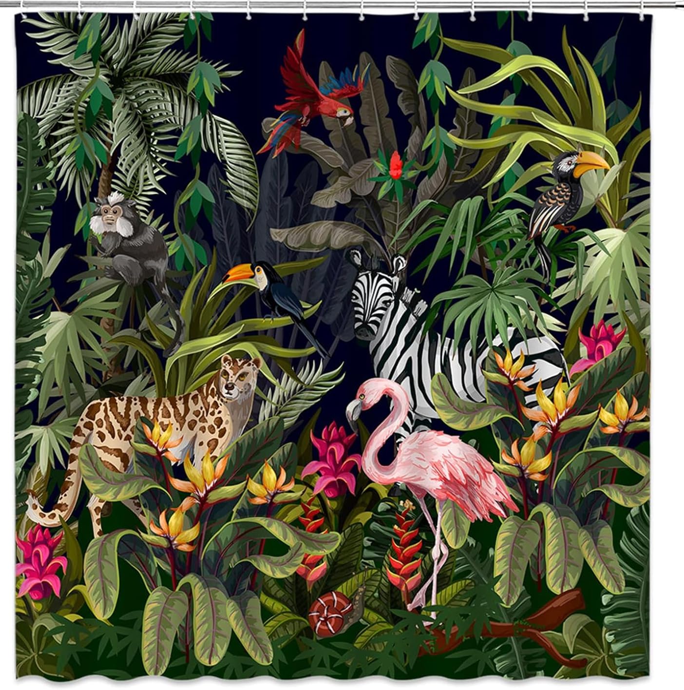 Animal Shower Curtain Tropical Jungle Forest Leopard Zebra Leaf Green Plant Wildlife Zoo Bathroom Decor Fabric Curtains with Hooks 60x72 inch