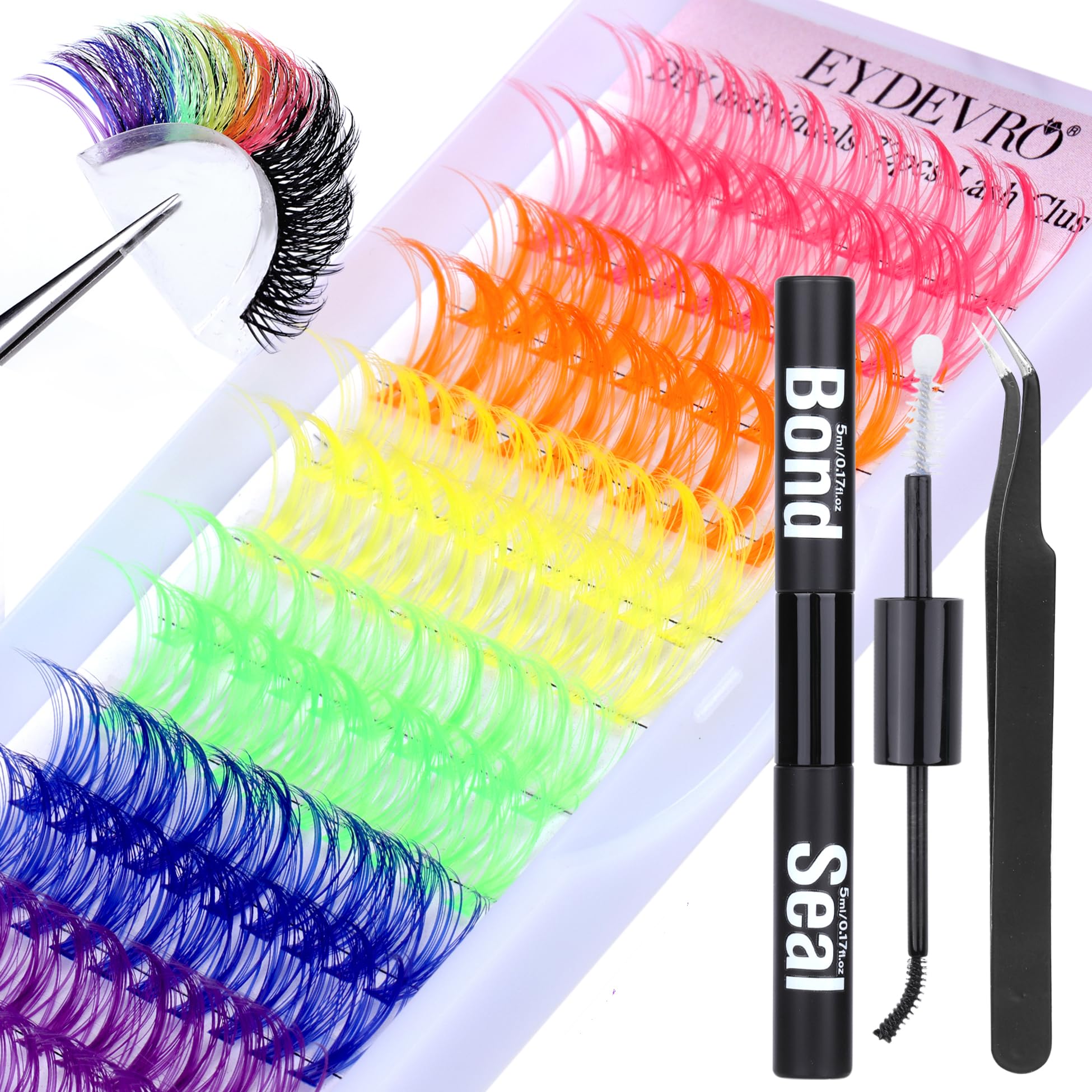 Colored Lash Clusters DIY Lash Extension Kit Colored Eyelash Extension Kit 6 Colors Rainbow Individual Lashes with Lash Bond and Seal Lash Tweezers 14/16mm D Curl Lash Extensions by EYDEVRO