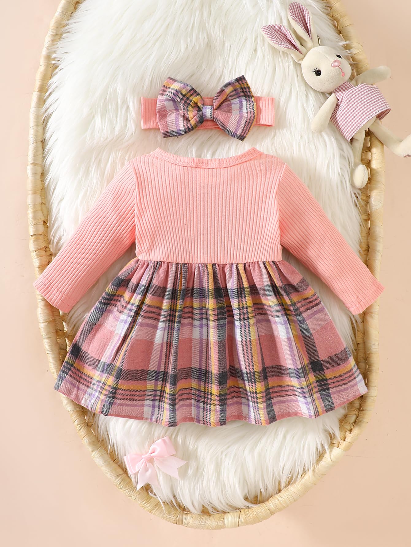 Conjunto de 2 piezas de vestido a cuadros rosa de manga larga para bebé, cárdigan sintético, conjunto de 2 piezas, ropa de regalo para primavera y otoño — view 2