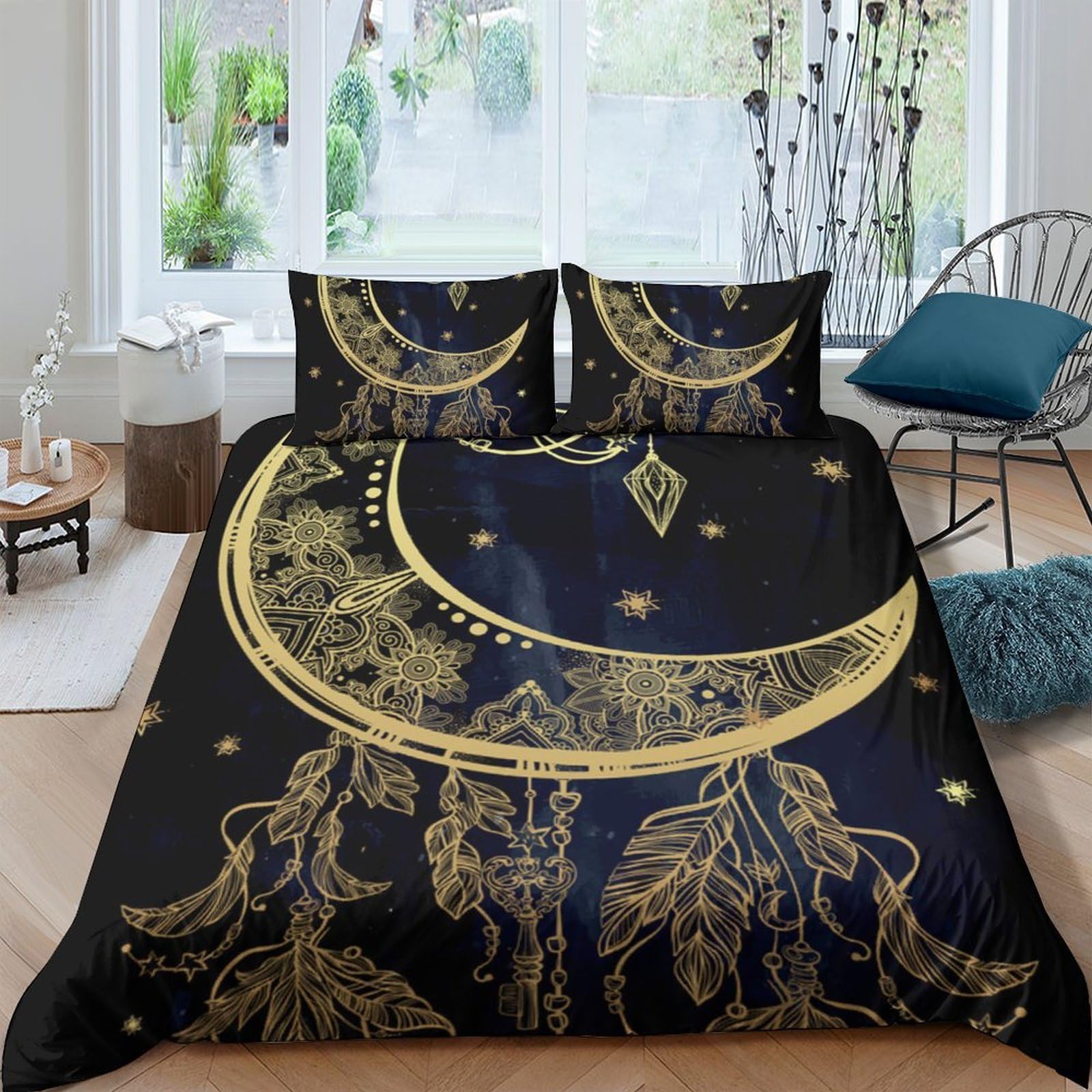 Ctjqhvkz Style-3 3D Printed Moon Dreamcatcher Fitted Sheet Microfiber Black Gold Bed Sheet For Adult Teen Bedroom Dorm Easy Care Decor Single（135X200cm）