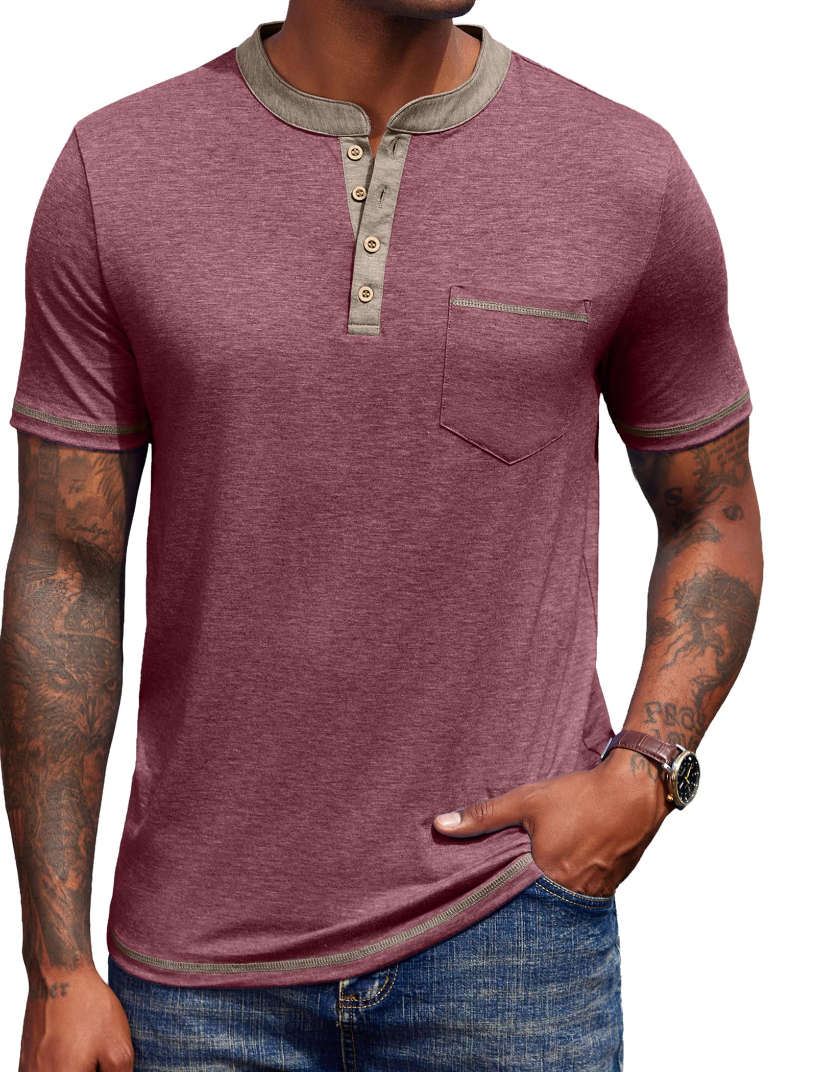 COOFANDY Henley Shirt Herren Kurzarm Sommer Tshirt mit Tasche Basic Oberteile Knopf T-Shirts V Ausschnitt für Männer
