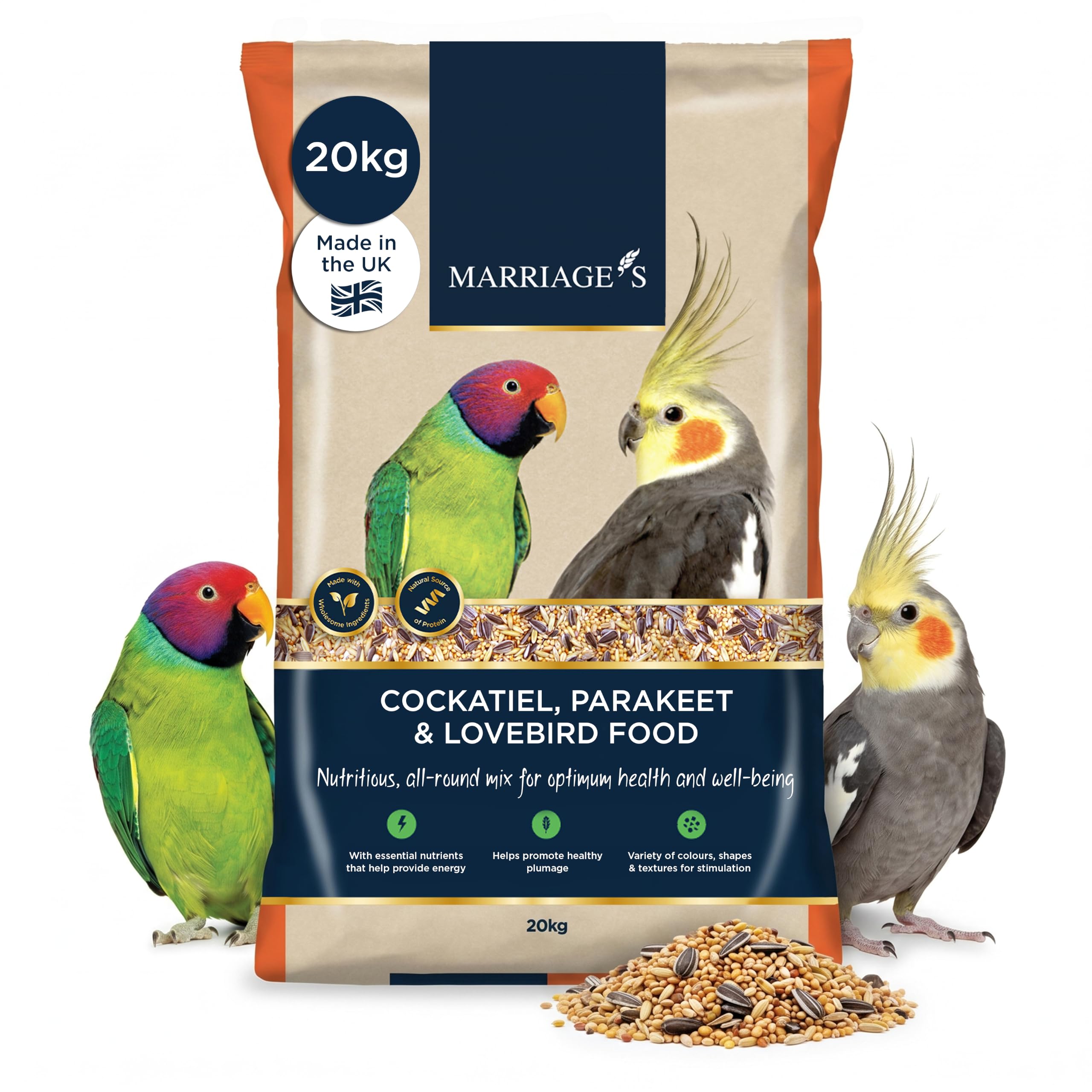 Marriages - Lovebird Food, Cockatiel Seed Mix, Parakeet Bird Seed with Oats, Nyjer Seed and Millet, Wholesome, Packed with Fibre and Protein (20kg)
