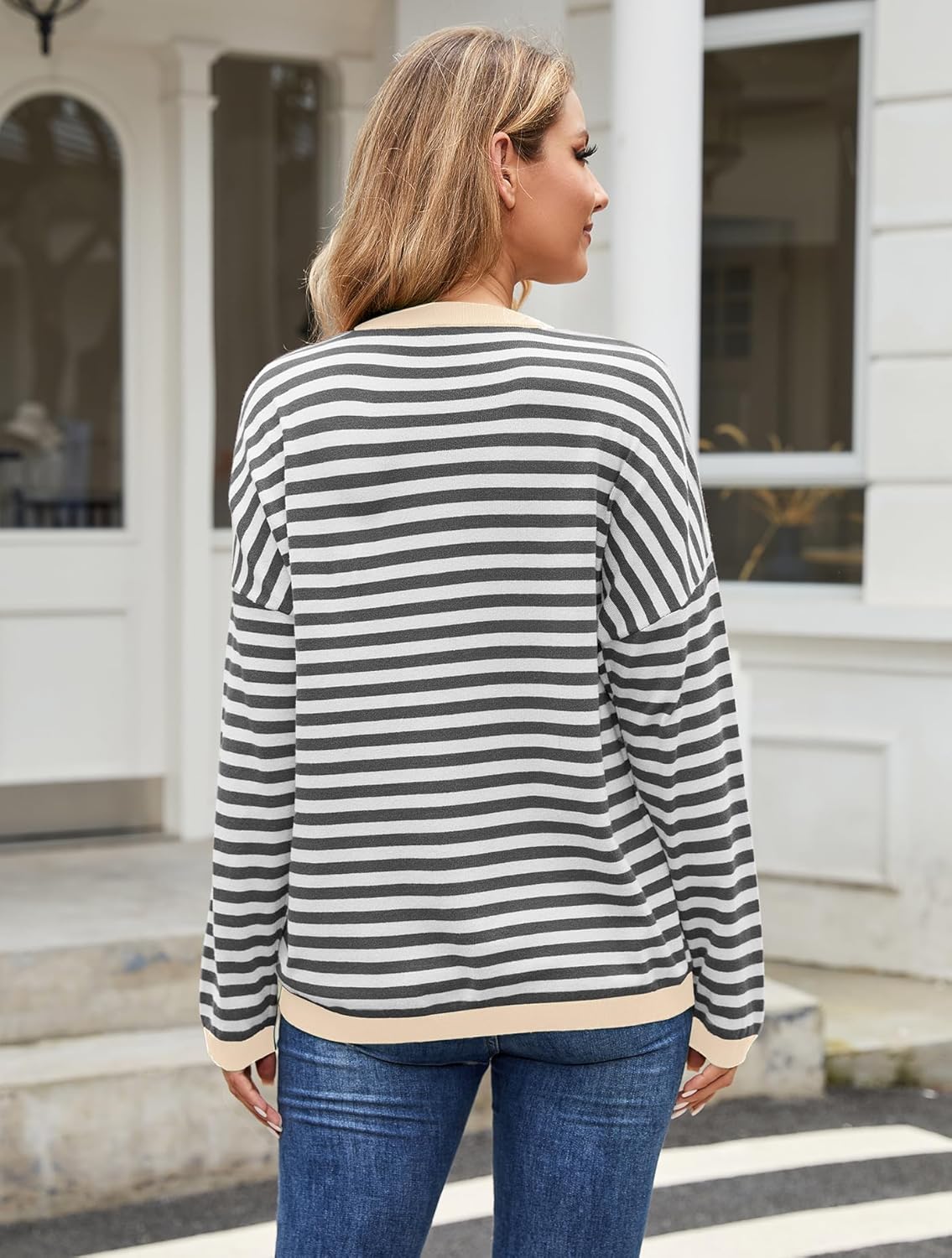 WANGZHI Womens Sweater Casual Knitted Striped Sweatshirt Long Sleeve Lightweight Cute Pullover Tops Trendy 2025 Fall - Image 2