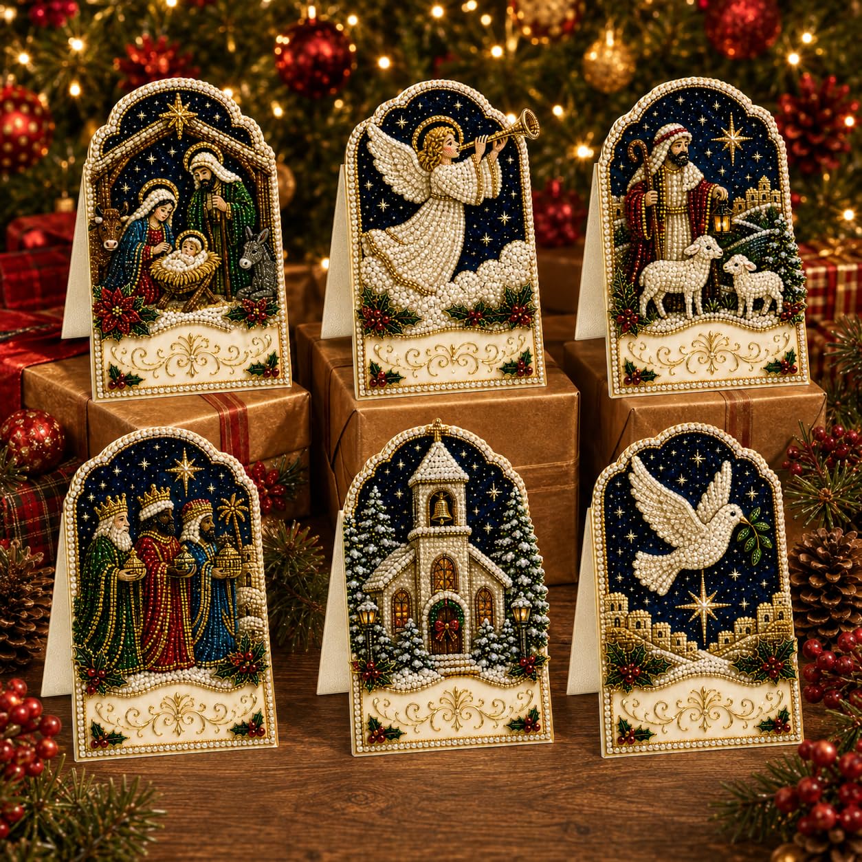 6pcs DIY Pearl Diamond Art Painting Christmas Greeting Cards with Envelopes