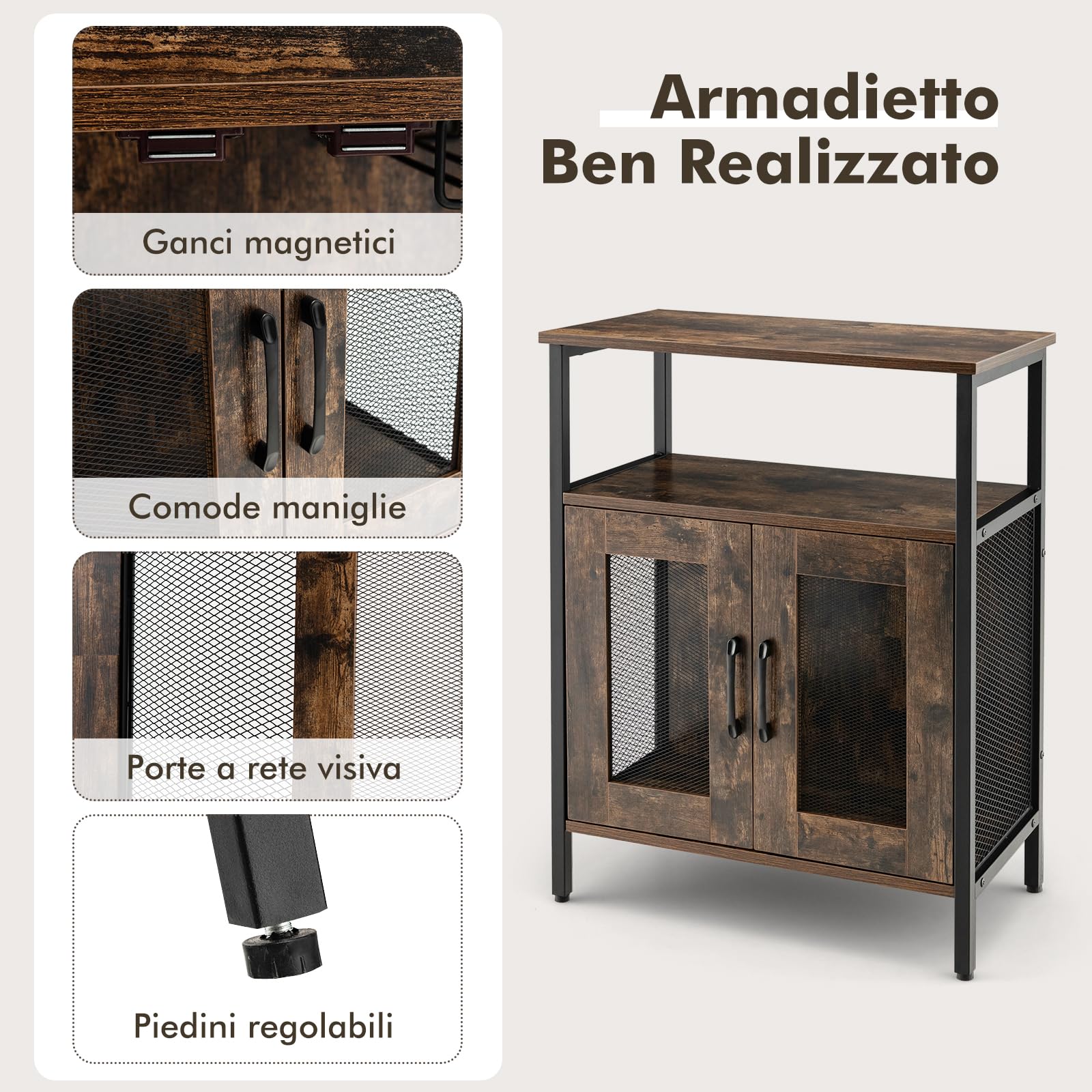GYMAX Armadio per Vino per 5 Bottiglie Rimovibile, Armadietti di Vino con 6 Porta Calici, Mobile da Vino in Rete Metallica per Cucina, Sala da Pranzo, Industriale, 60 x 34 x 79 cm (Marrone)