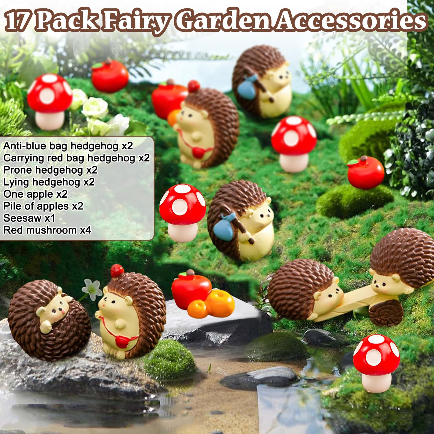 17Pcs Fairy Garden Accessories, Fairy Garden Ornaments Outdoor, Mini Resin Mushrooms Hedgehog Apple Fairy Ornaments - Image 4